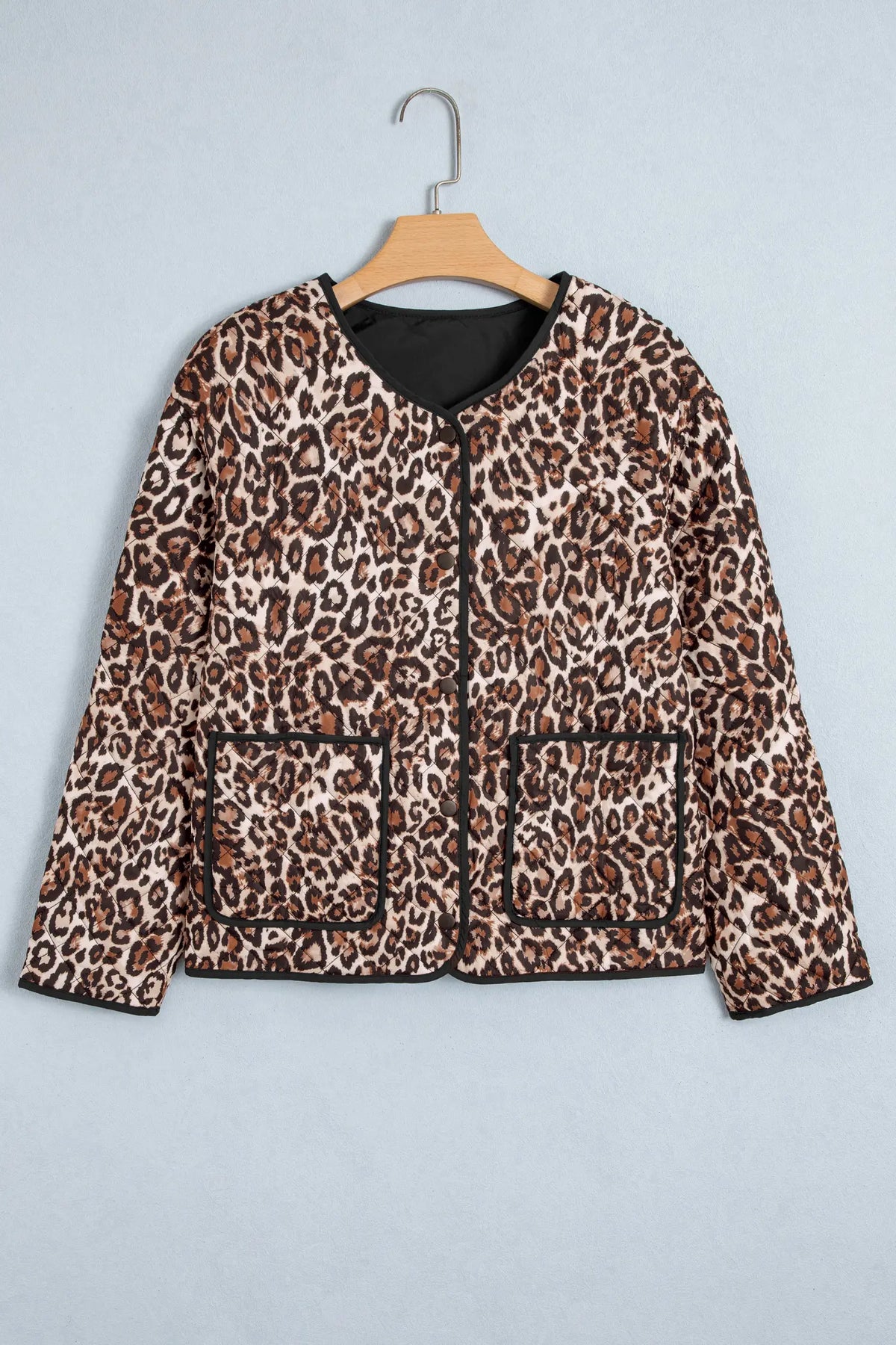 Leopard Print Quilted Button Front Patch Pockets Jacket – Brown