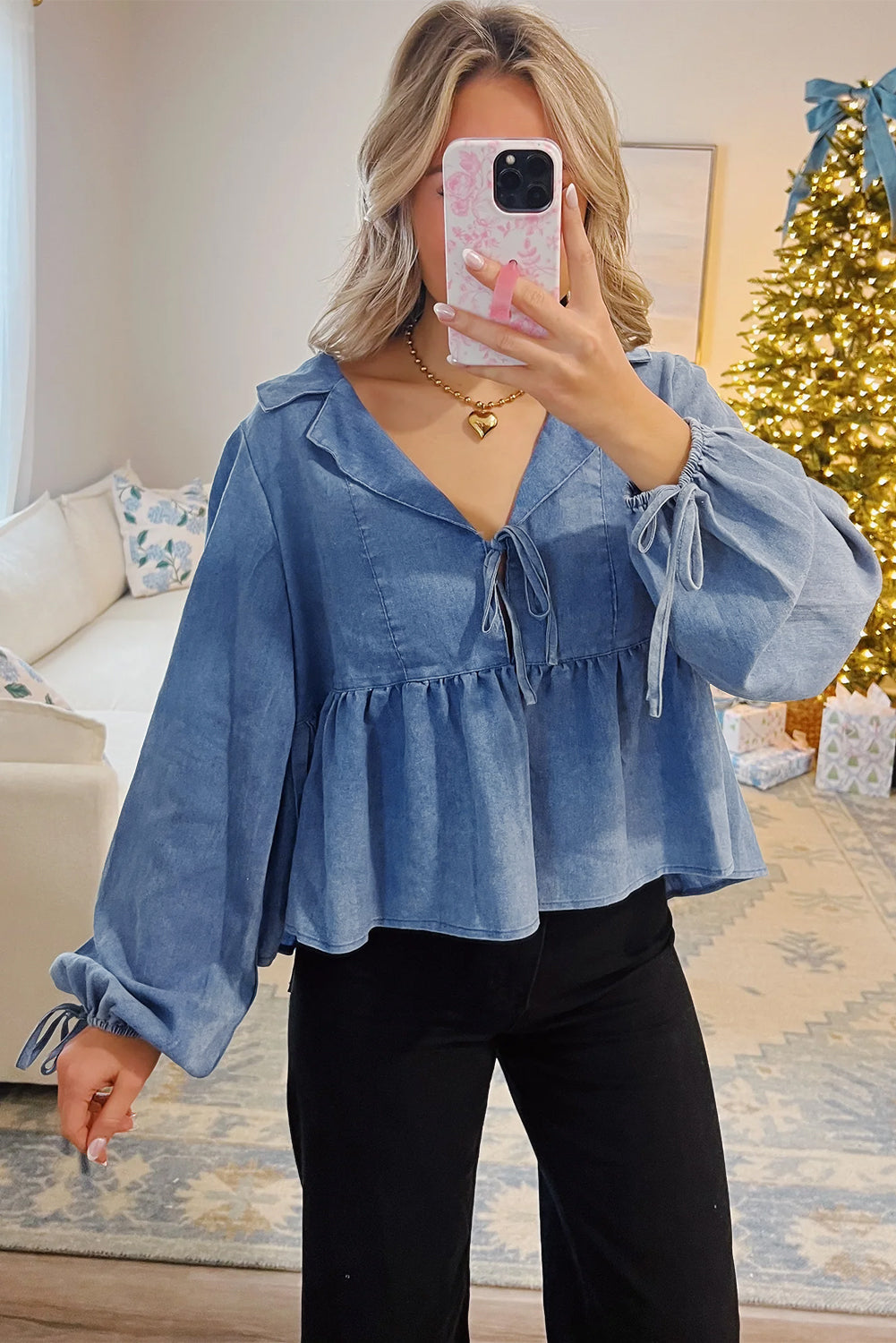 Dusk Blue Denim Lapel Neck Balloon Sleeve Tied Peplum Top Dear-Lover Dropshipping