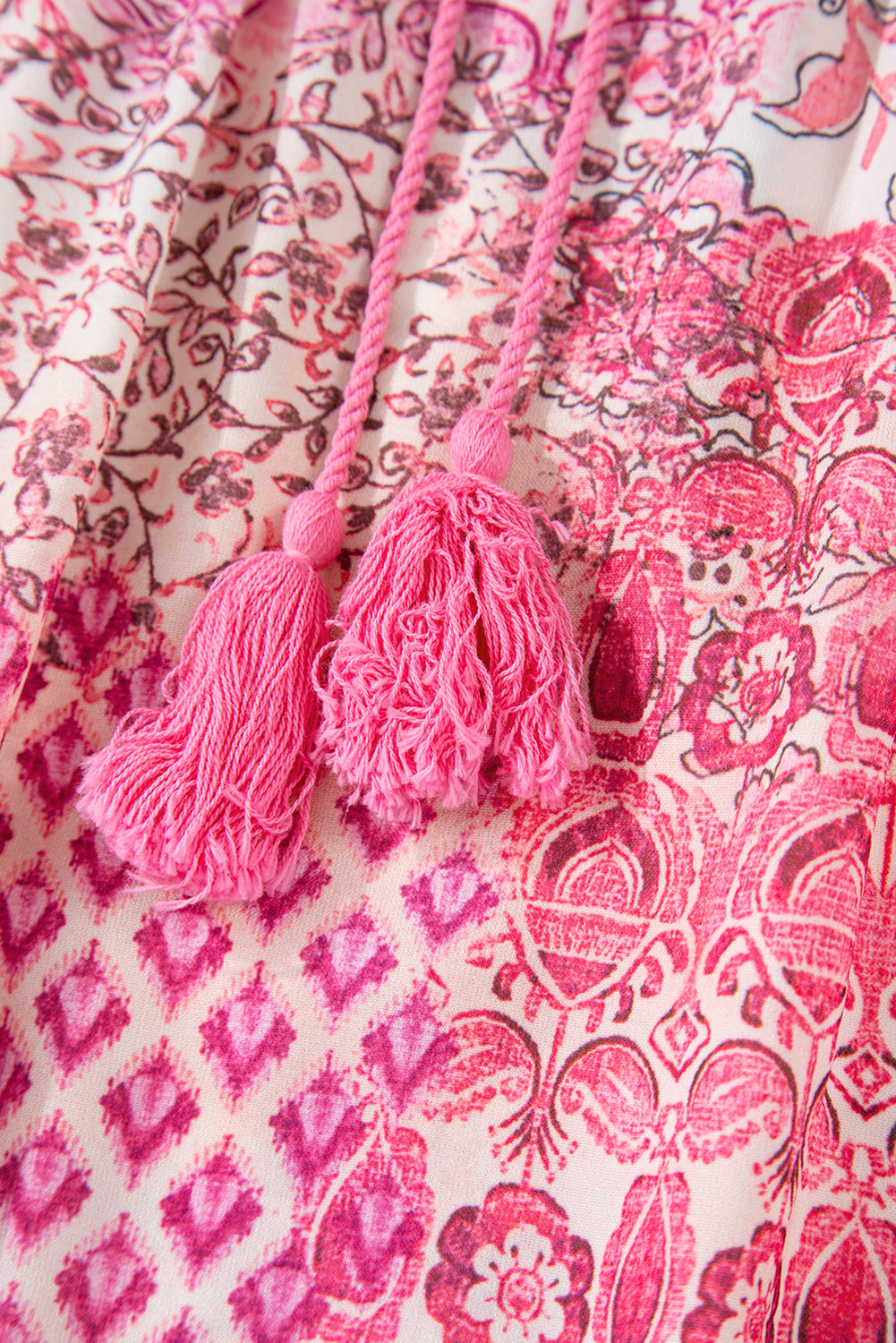 Red Boho Pattern Print Tassel Drawstring High Waist Maxi Skirt - eAura