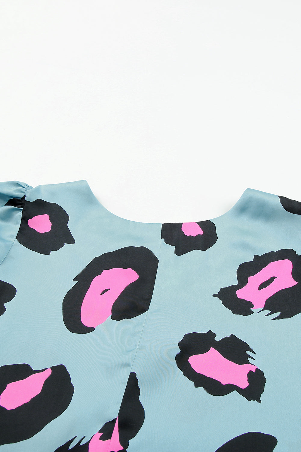 Sky Blue Ruched Short Sleeve Leopard Print Blouse eAura