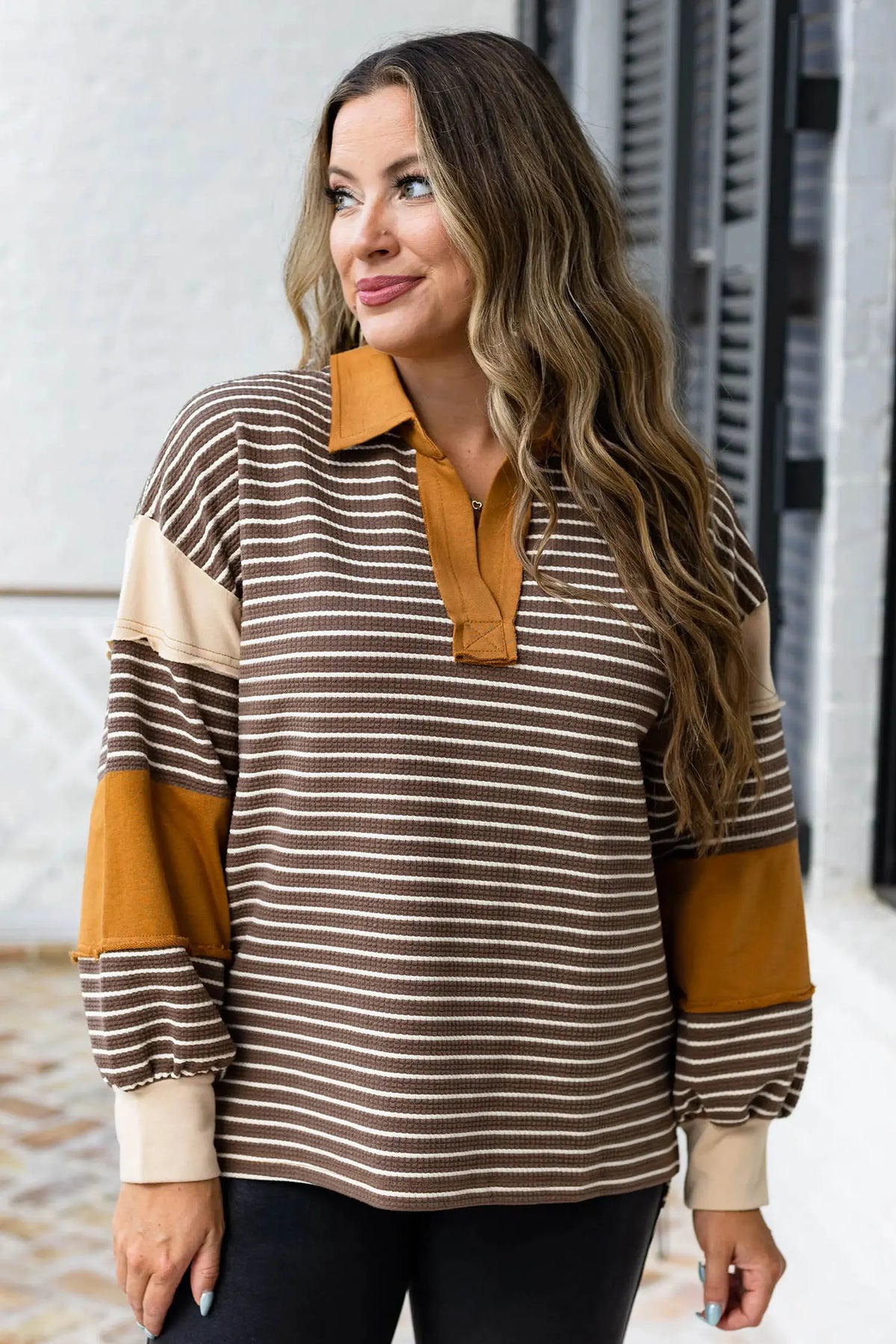 Colourblock Detail Collar V Neck Plus Size Long Sleeve Top – Brown Stripe