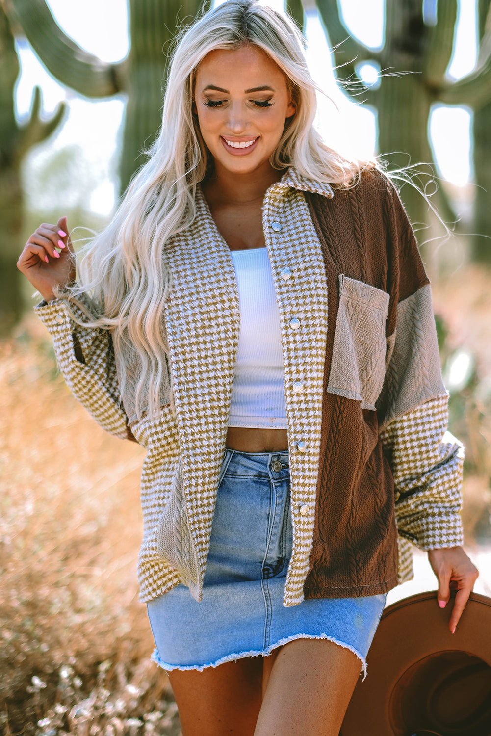 Khaki Houndstooth Colour Contrast Textured Patchwork Loose Shacket eAura
