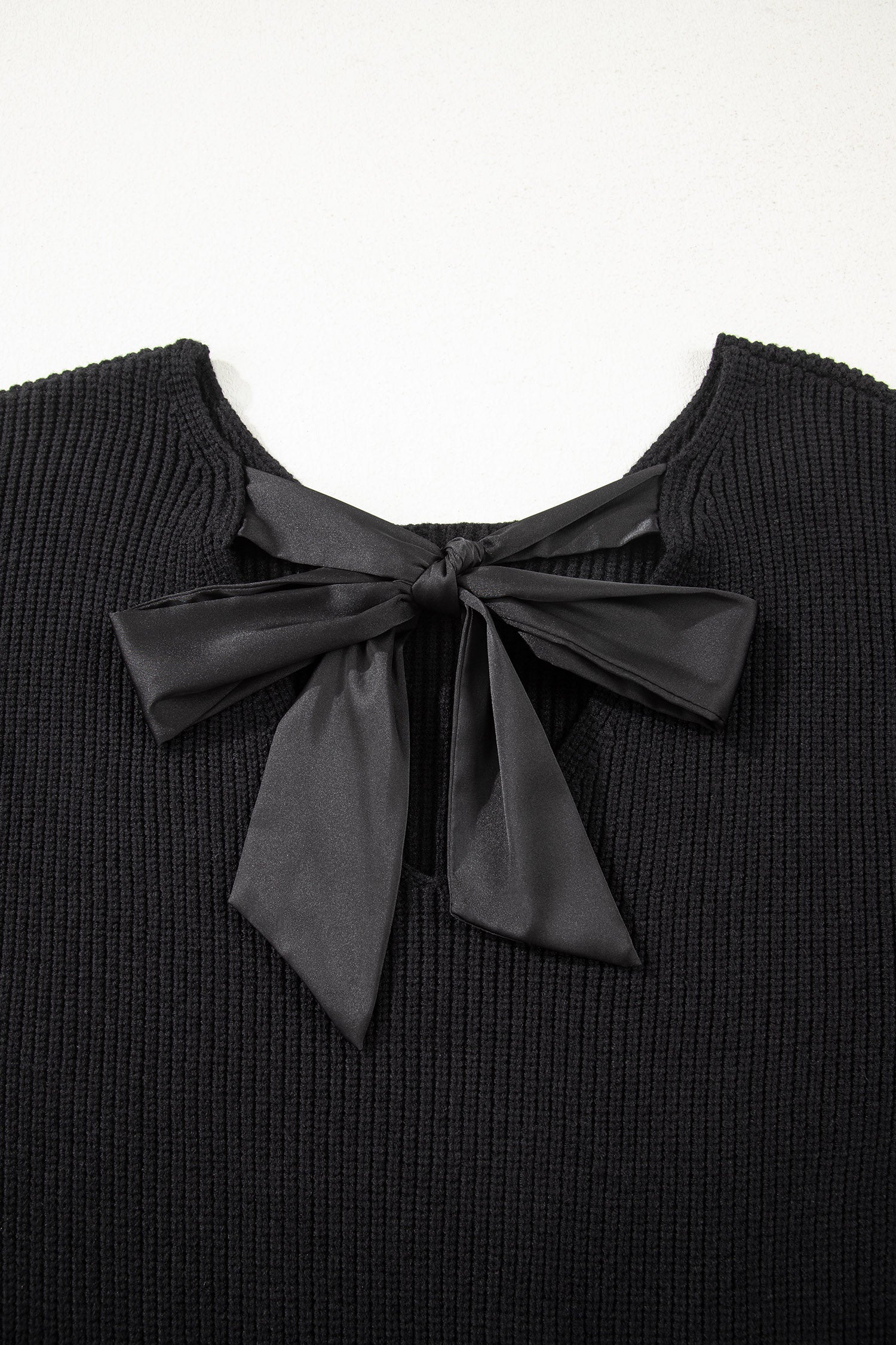 Rib Knit Ribbon Knot Backless Drop Shoulder Sweater
