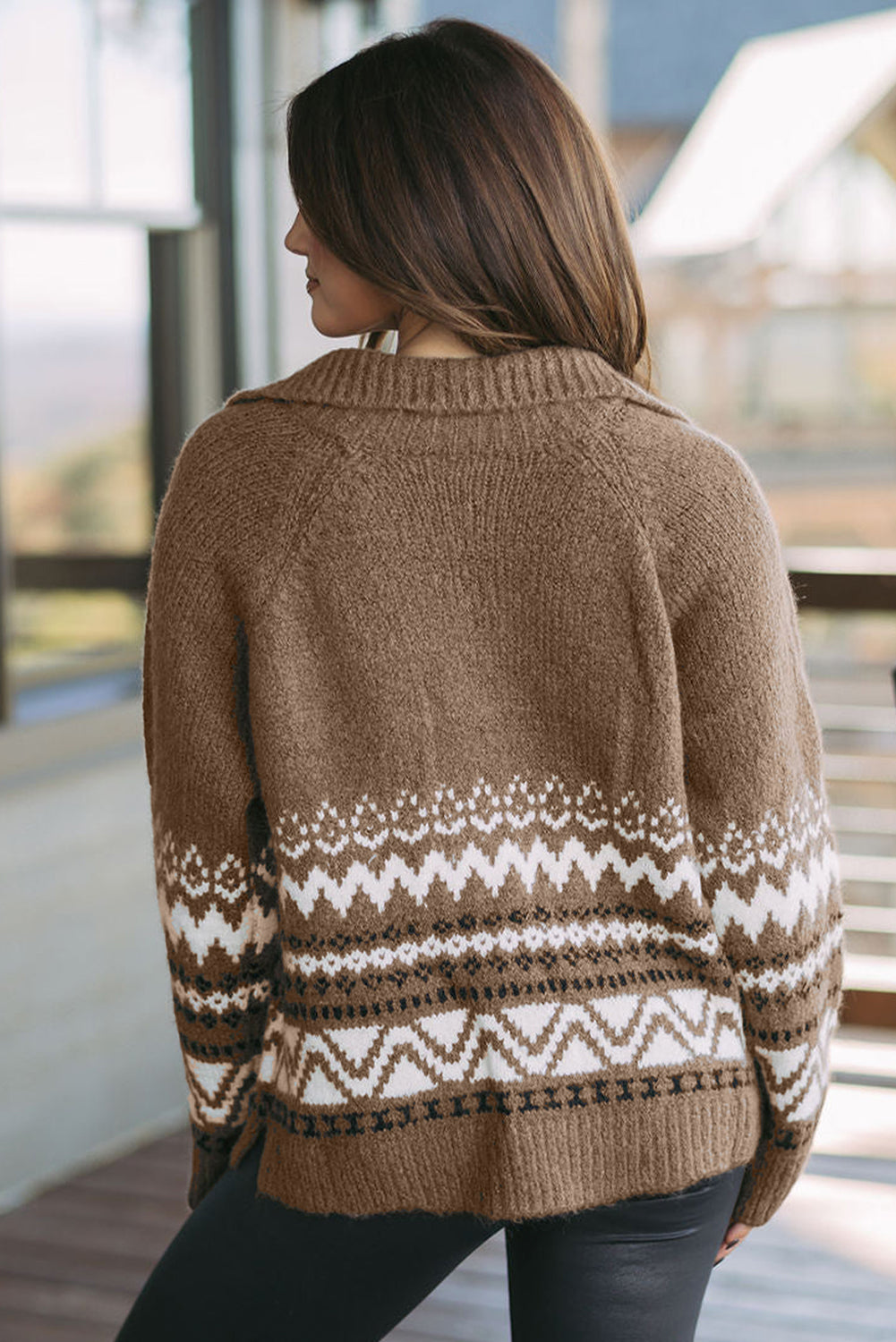Brown Western Printed Ribbed Trim Collared Zip up Cardigan eAura