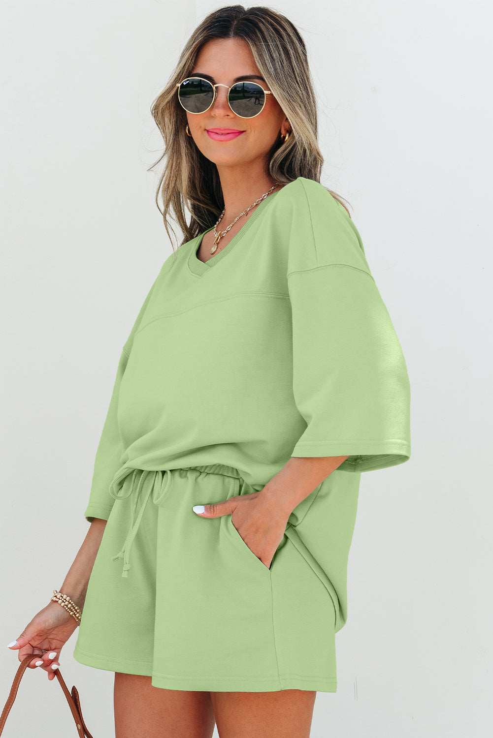 Meadow Mist Green Solid Loose V Neck Half Sleeve Tee and Shorts eAura