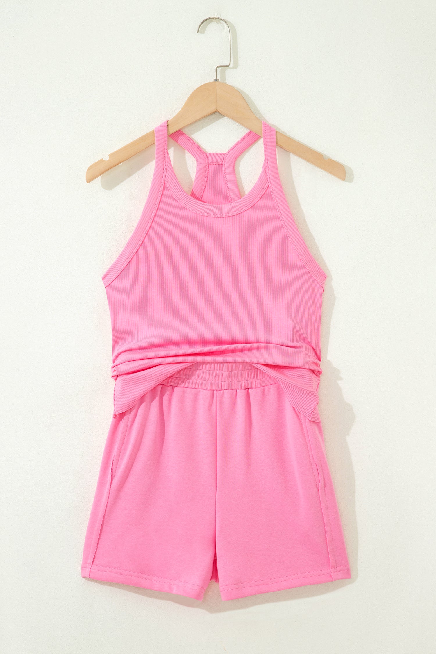 Sky Blue Slim Tank Top Elastic High Waist Shorts 2pcs Outfit – Light Blue