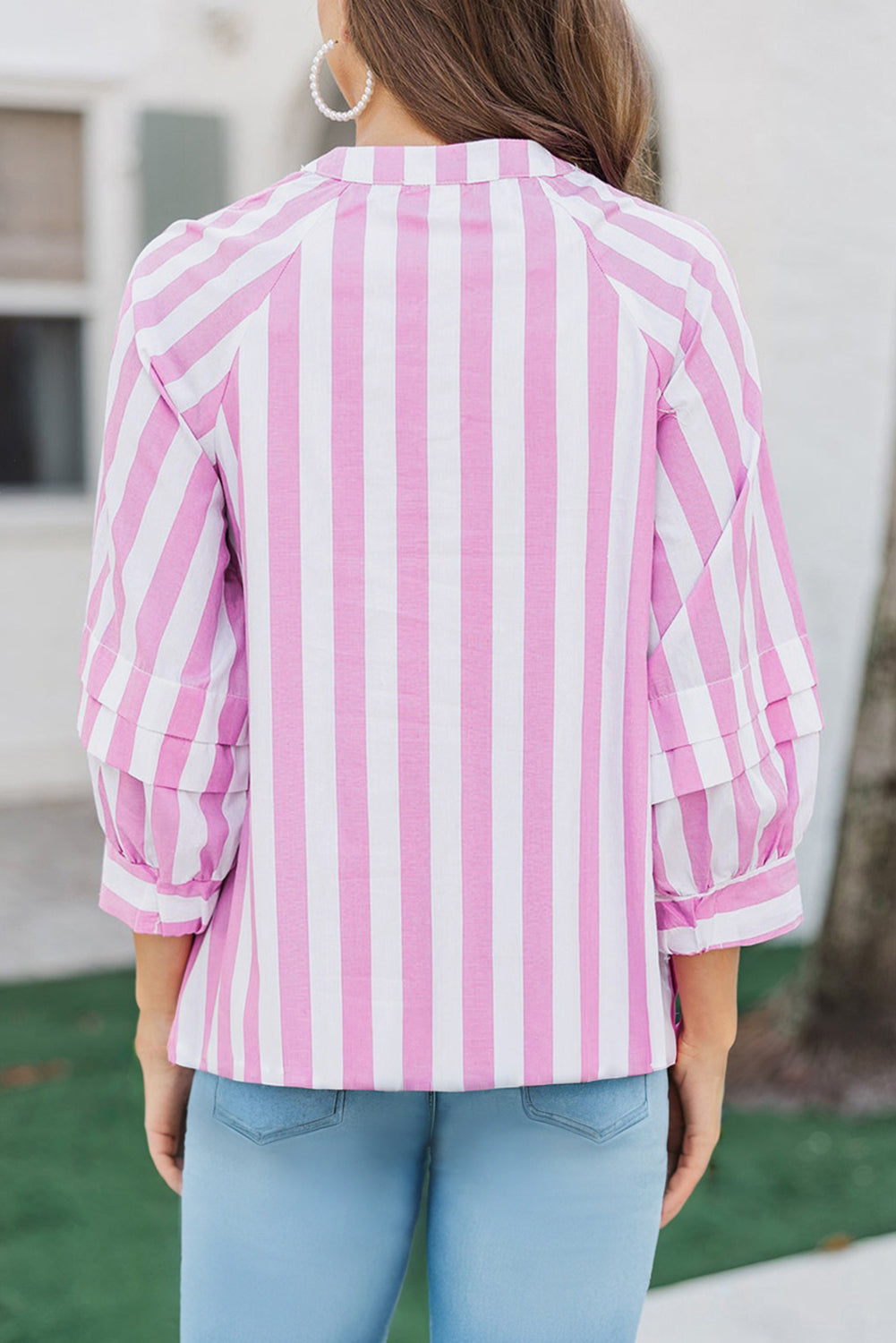 Stripe Split Neck Button Decor Front Puff Sleeve Blouse - eAura