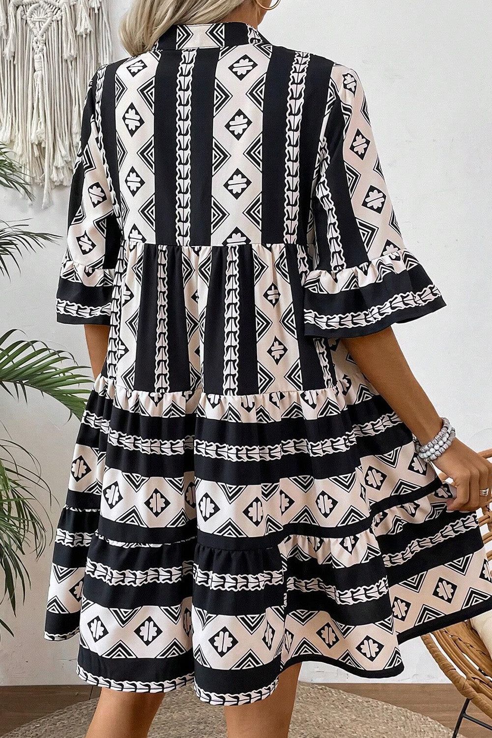 Blue Geometric Print V Neck Ruffled Dress eAura