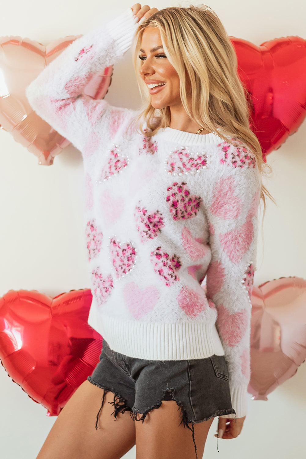 Pink Heart Leopard Print Pearled Ribbed Trim Fuzzy Sweater eAura