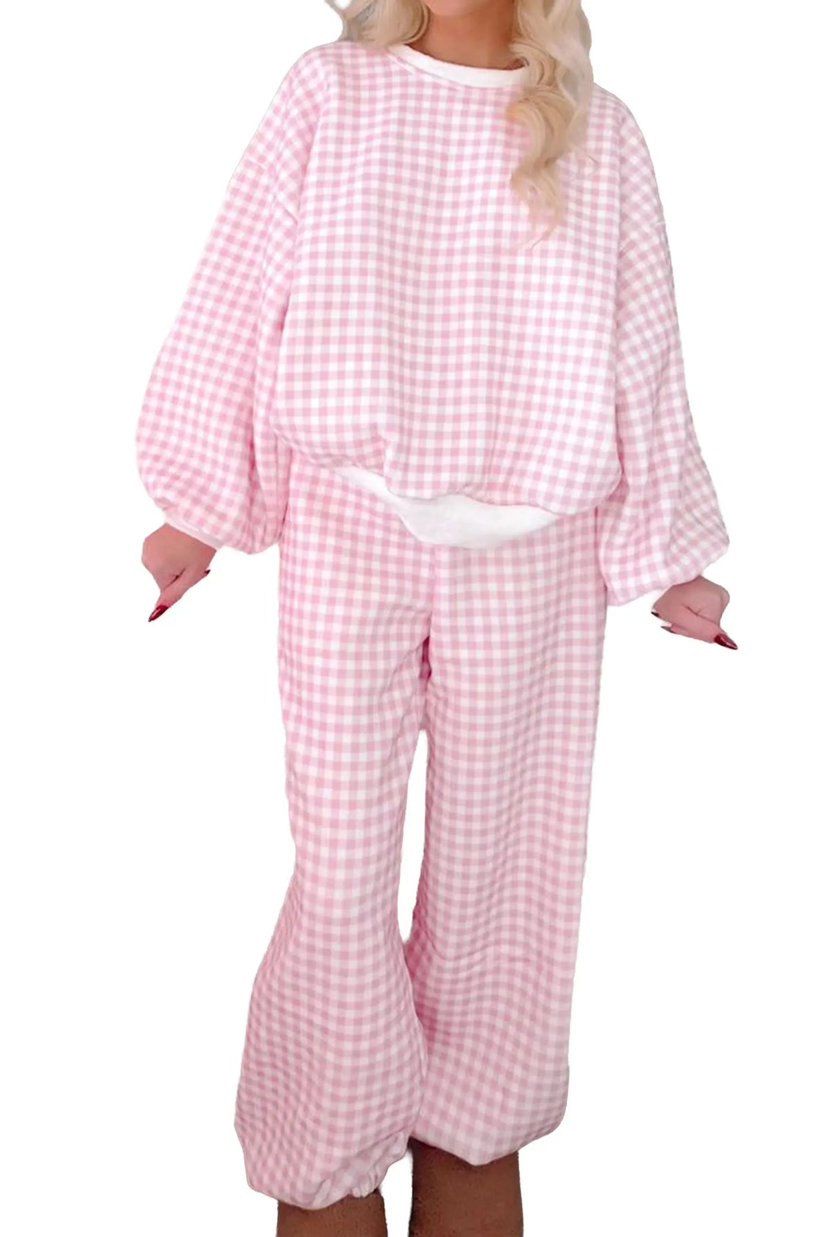 Plaid Long Sleeve Two Piece Pant Set – Pink