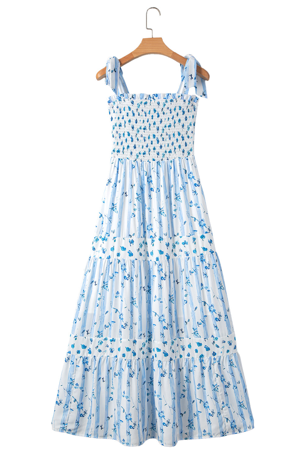 Sky Blue Floral Smocked Tied Straps A-Lined Tiered Maxi Dress eAura