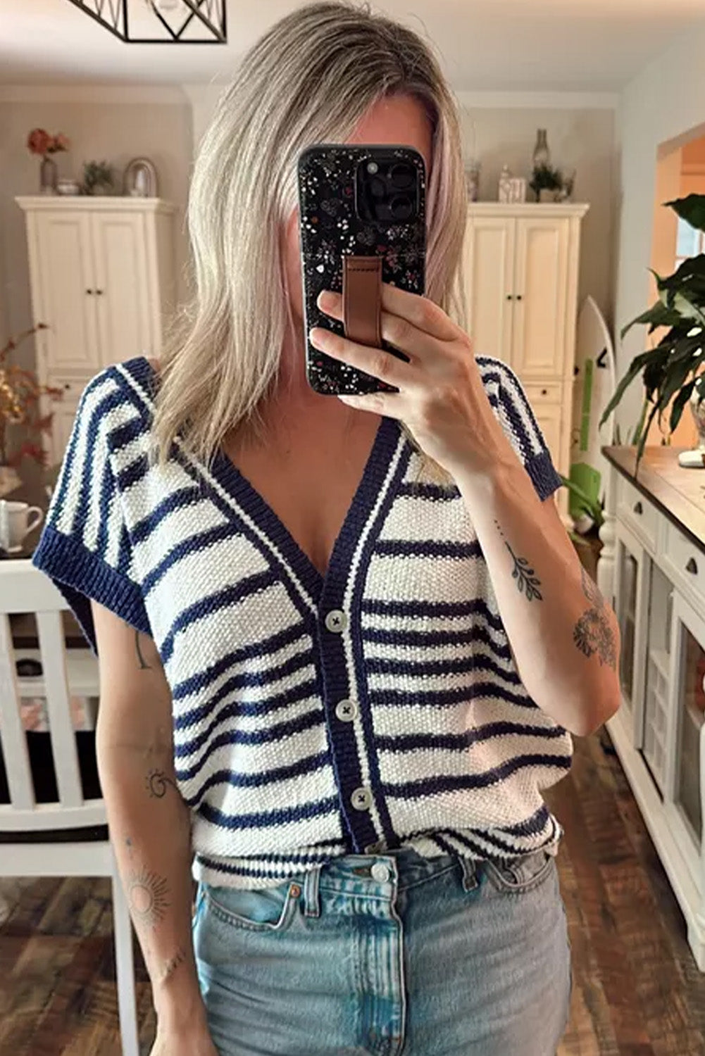 Blue Stripe Loose Buttoned V Neck Sweater Vest eAura