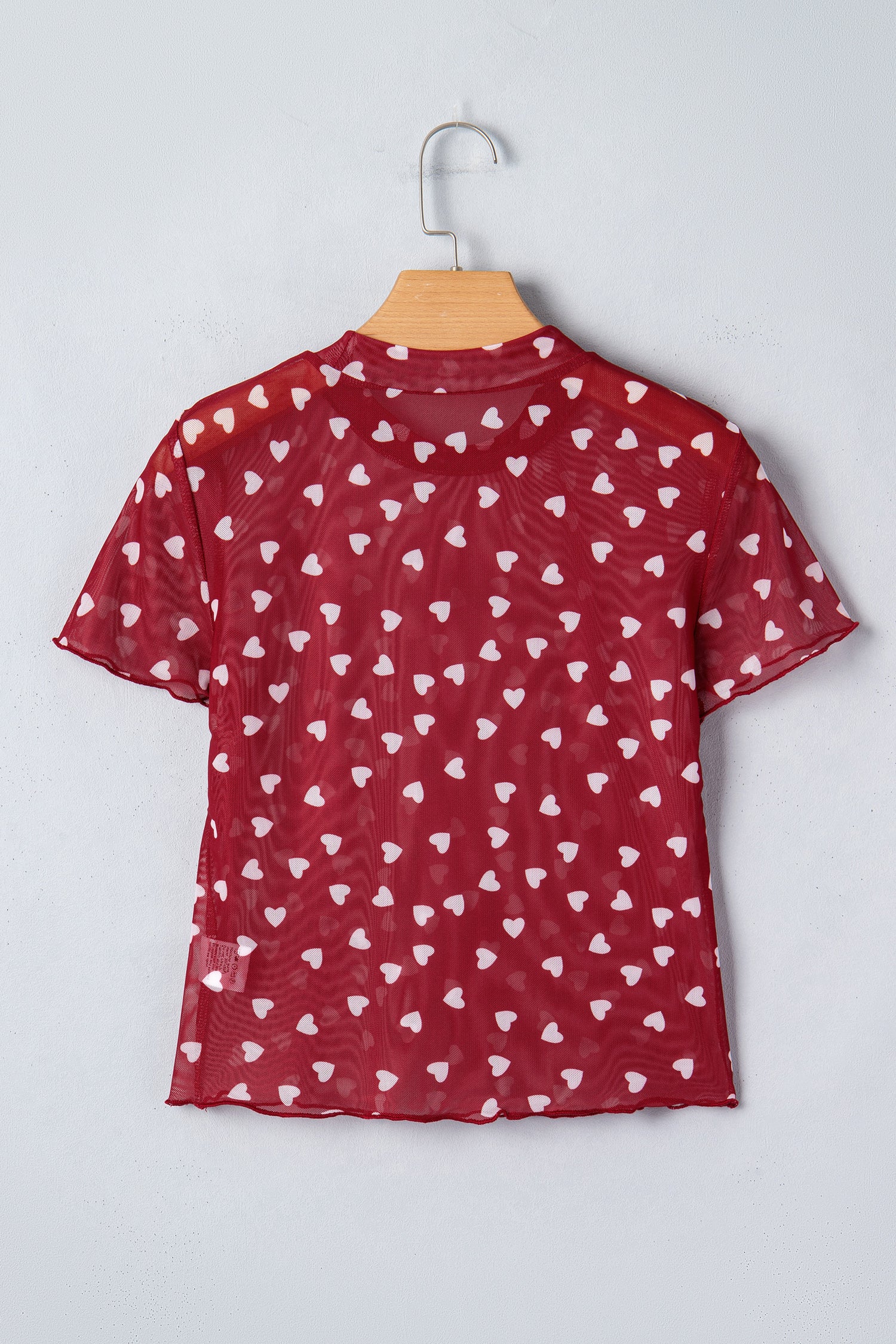 Allover Heart Print Mesh Short Sleeve Top