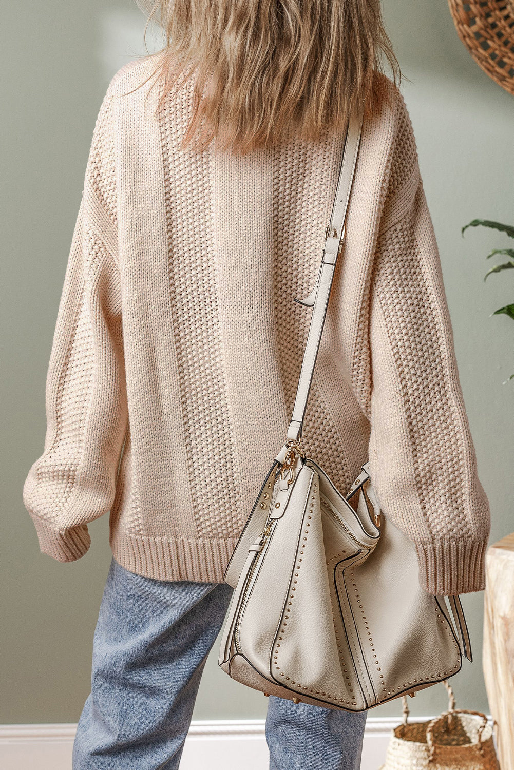 Pale Khaki Solid Colour Cable Knit Ribbed Loose Sweater eAura