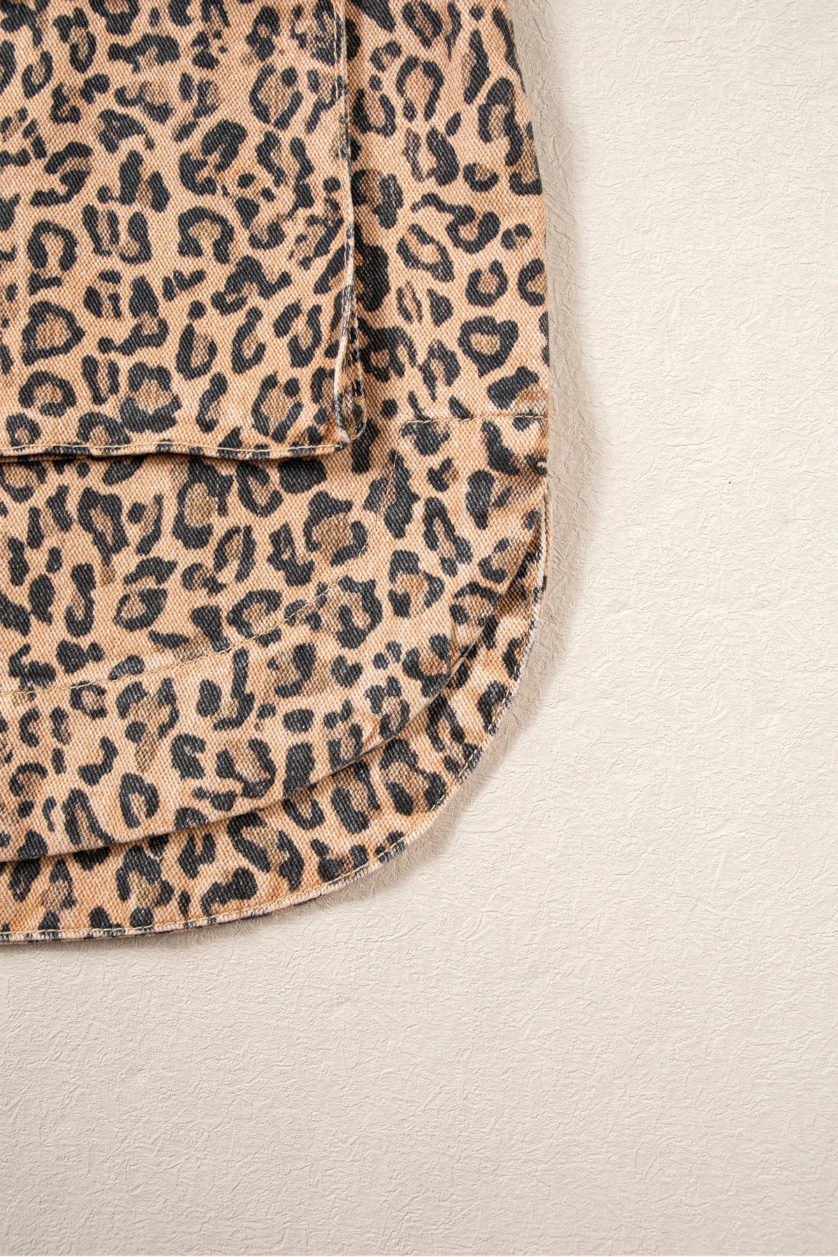 Leopard Print Collar Long Sleeve Patch Pocket Shift Denim Jacket – Khaki