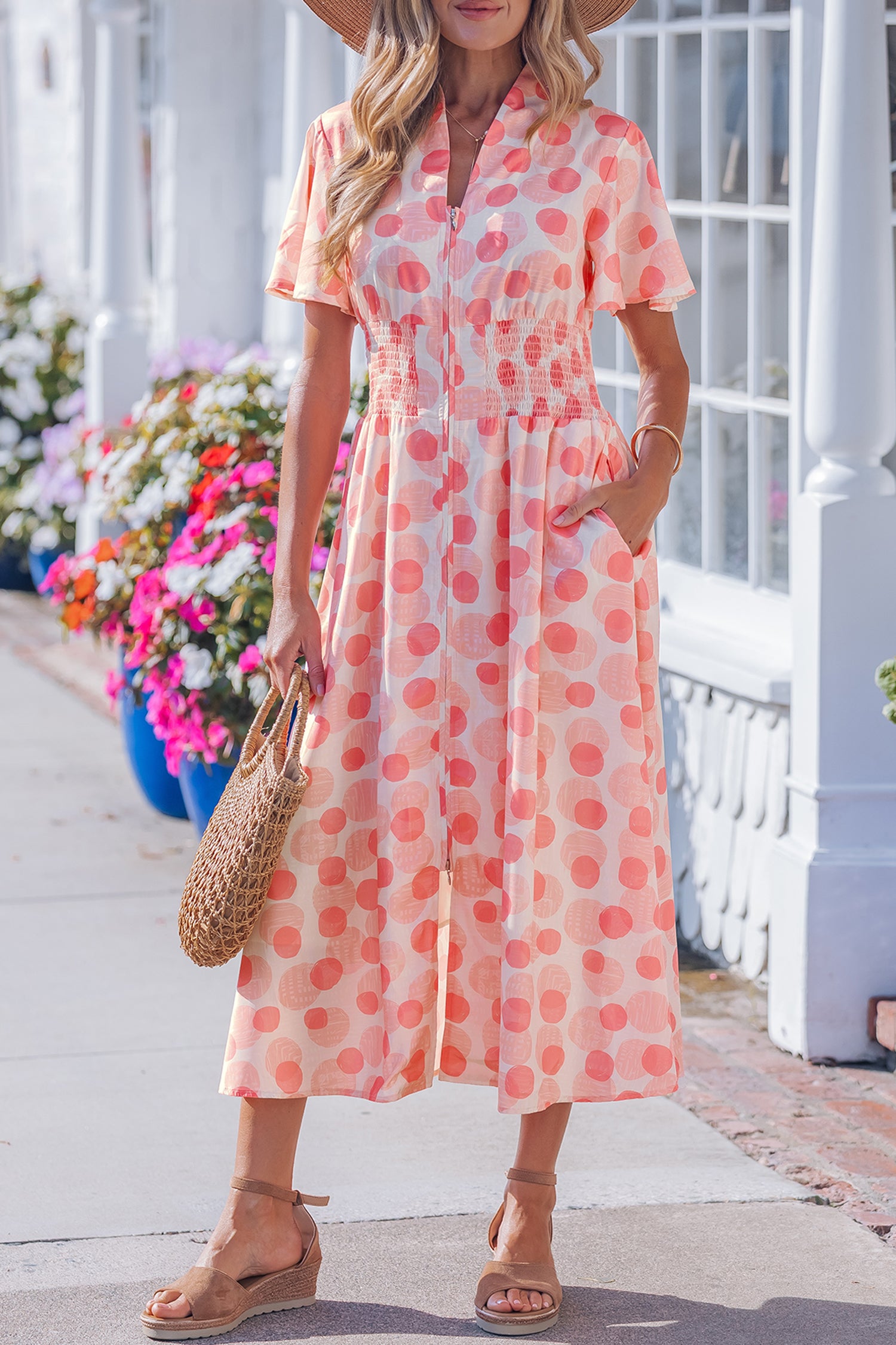 Polka Dot Ruffle Sleeve Zip-Up Maxi Dress