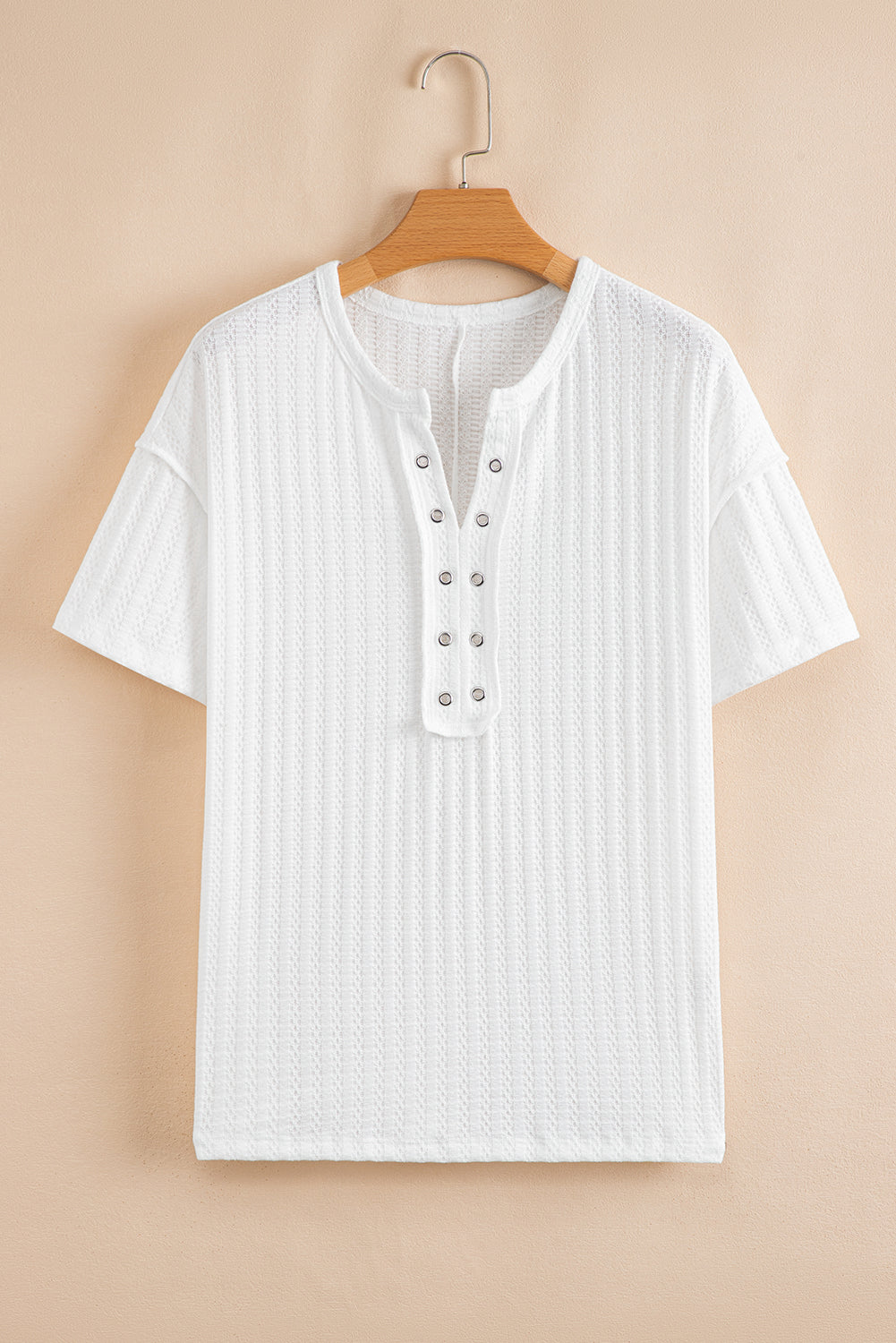 White Textured Hollow Grommet Placket Split Neck Short Sleeve Top eAura