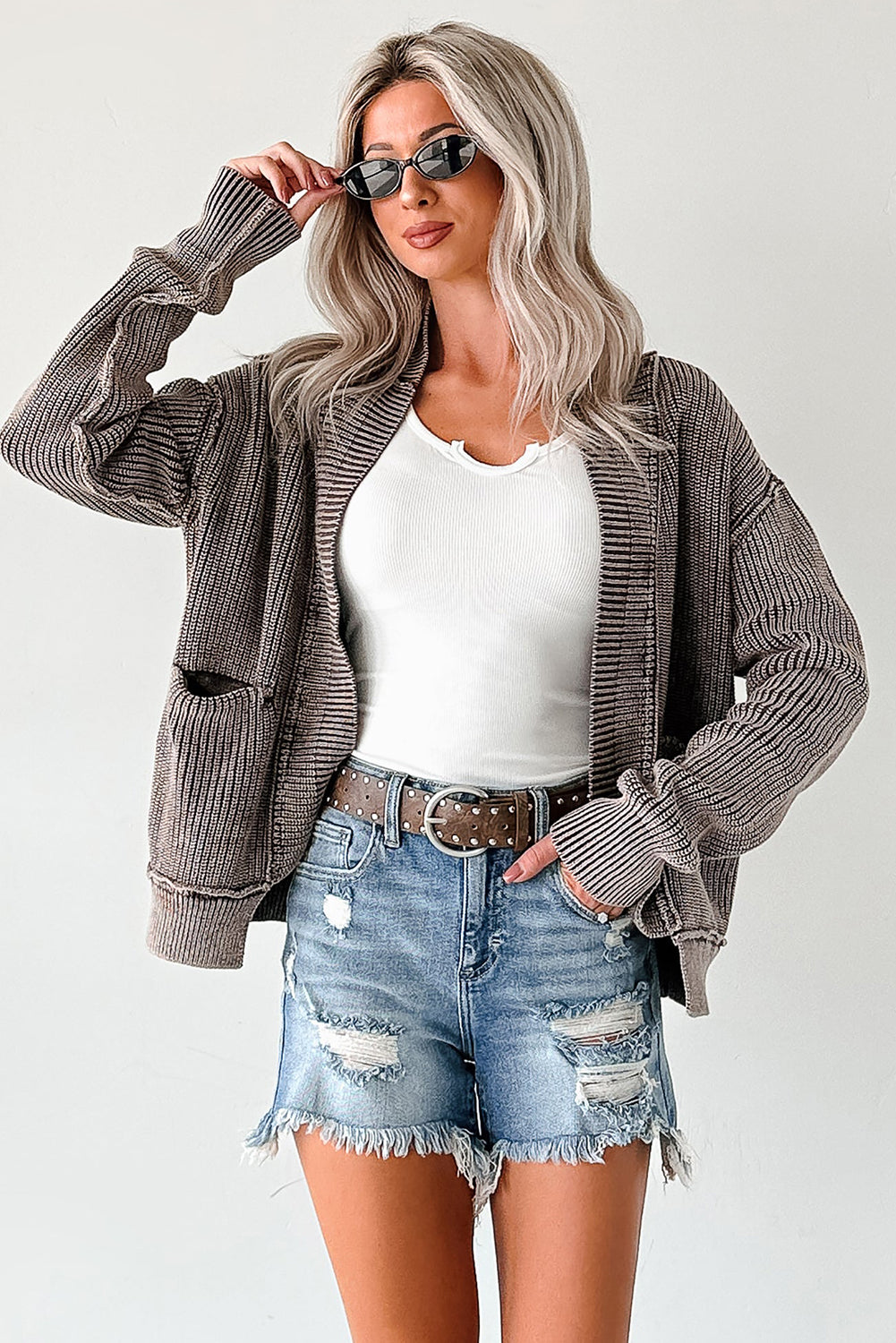 Mineral Wash Exposed Seam Patchwork Knit Open Cardigan