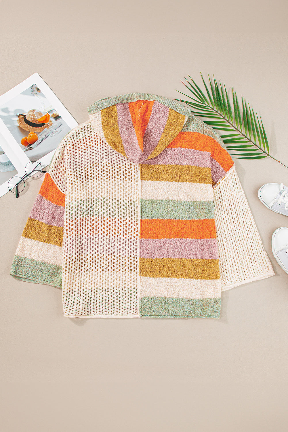 Beige Oversized Colourblock V Neck Hooded Sweater eAura