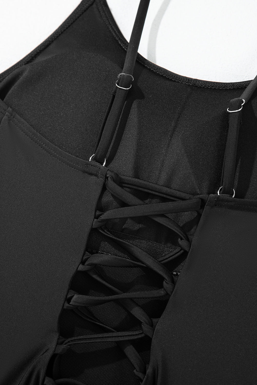 Black Thin Strap Strappy Lace-up Open Back One Piece Swimsuit eAura