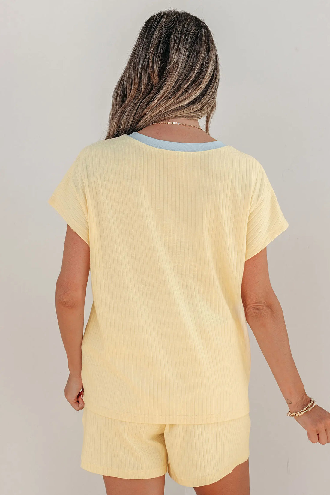 Cream Ribbed Knit Two Piece Set Sequin Horse Patched Casual Short Set – Yellow