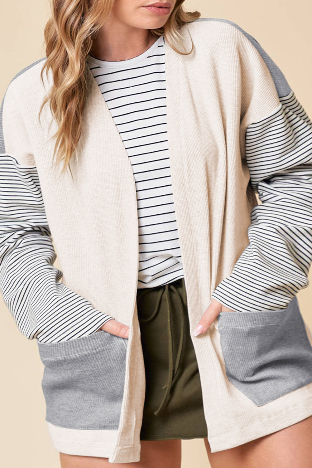 Black Stripe Colourblock Patchwork Open Front Cardigan with Pocket eAura