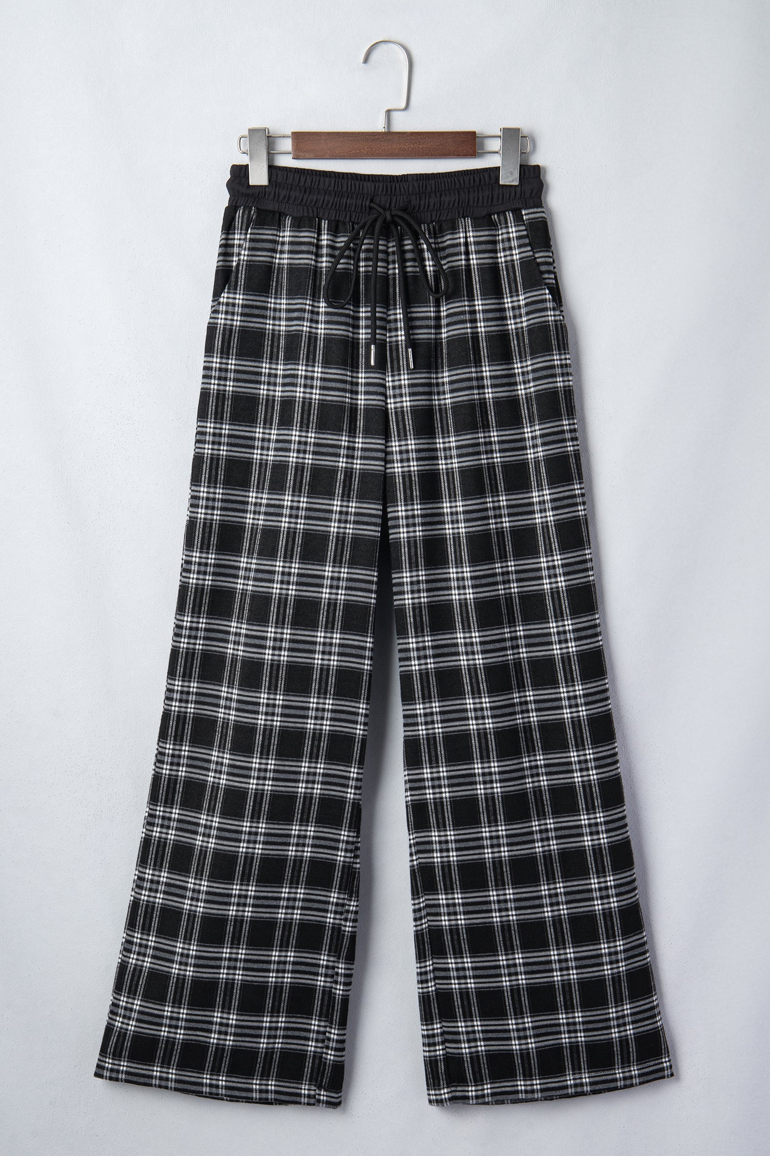 Frenchy Plaid Pattern Contrast Drawstring Waist Wide Leg Pants – Black
