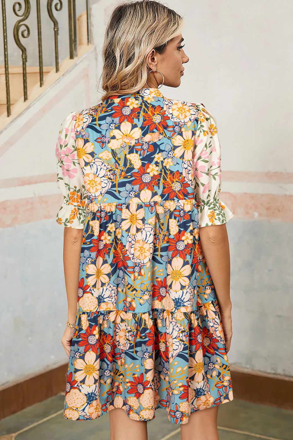 Multicolour Boho Floral Print Crochet Patchwork V Neck Loose Mini Dress eAura