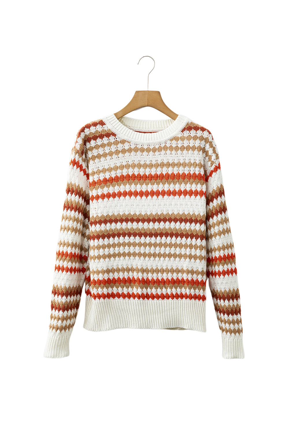 Striped Eyelet Patterned Drop Shoulder Knit Sweater - eAura