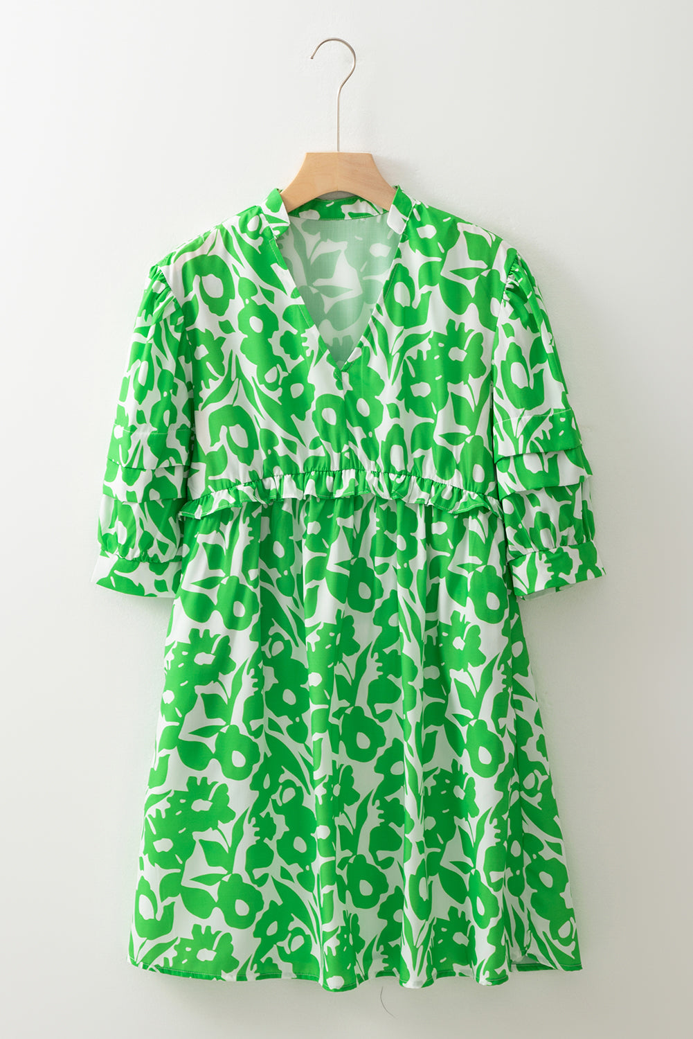 Green Floral Print Puff Half Sleeve V Neck Babydoll Dress eAura