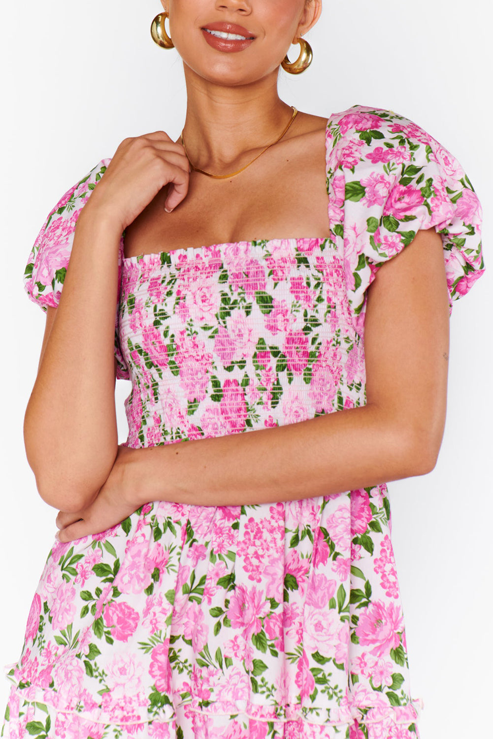 Pink Dainty Floral Smocked Puff Sleeve Flowy Long Dress eAura