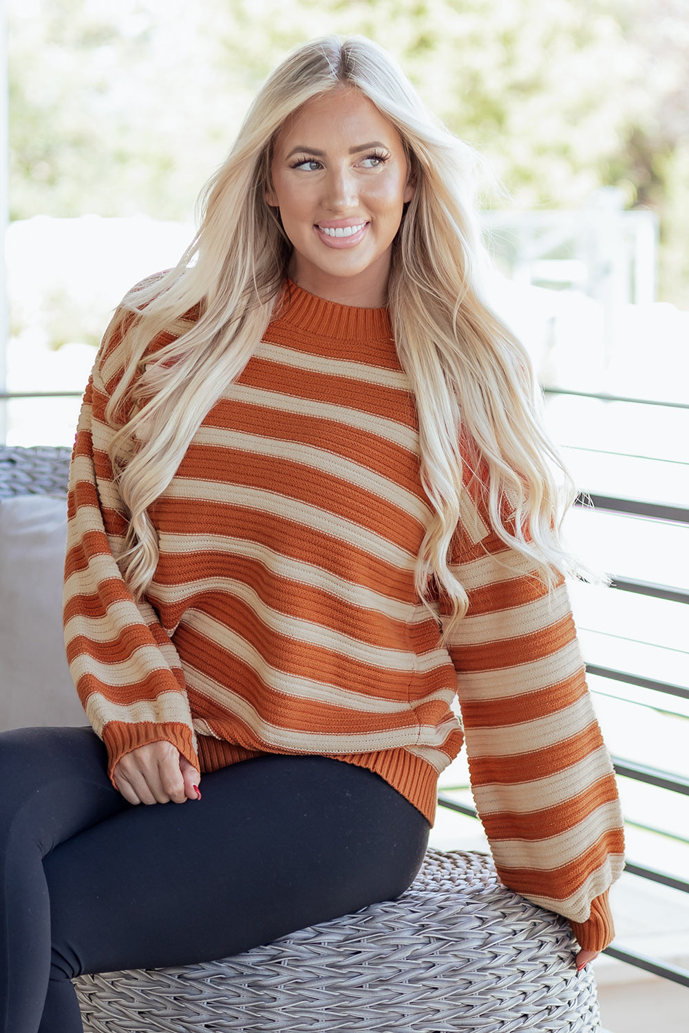 Orange Stripe Ribbed Trim Drop Shoulder Sweater - eAura
