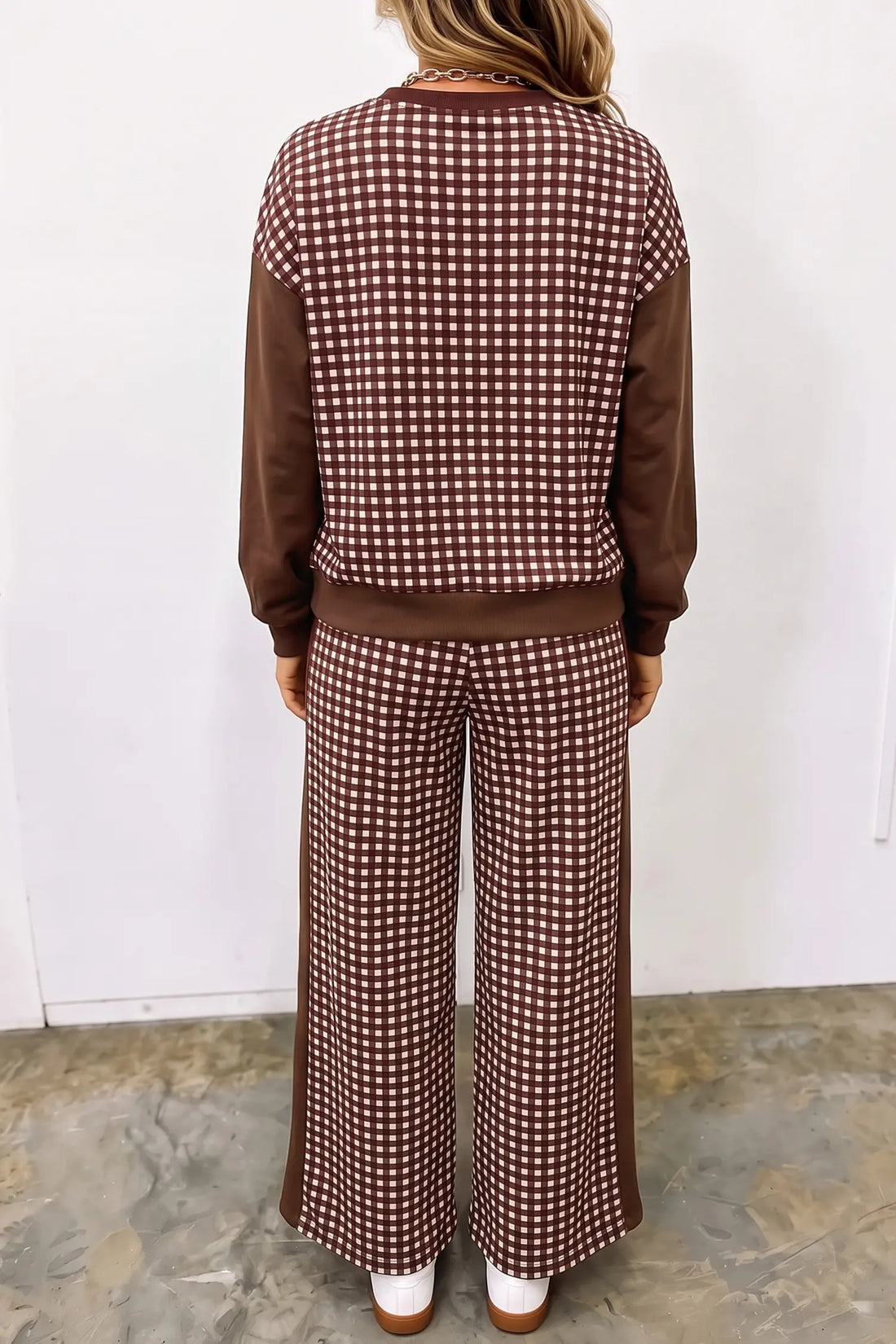 Colour Block Plaid Patchwork Long Sleeve Pullover Wide Leg Pant Set