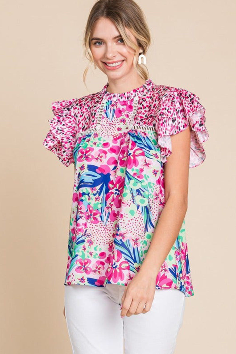 Pink Floral Mixed Print Ruffle Cap Sleeve Blouse eAura