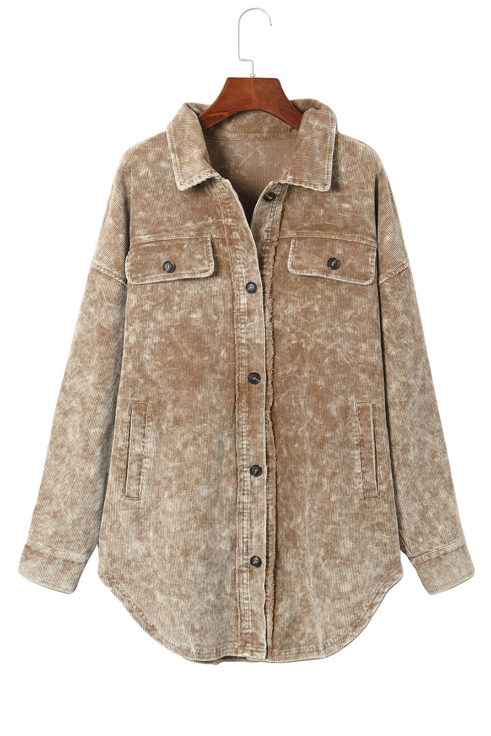 Khaki Vintage Distressed Mineral Wash Oversized Shacket eAura