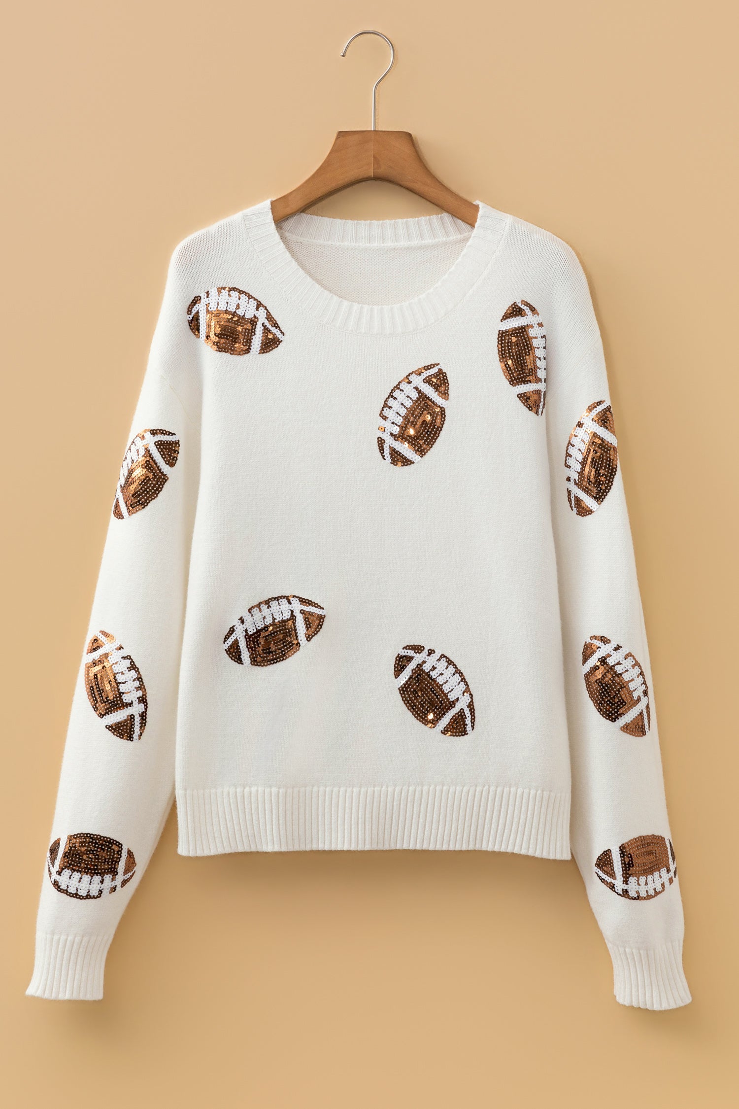 Sequin Football Print Round Neck Long Sleeve Loose Fit Sweater – Beige