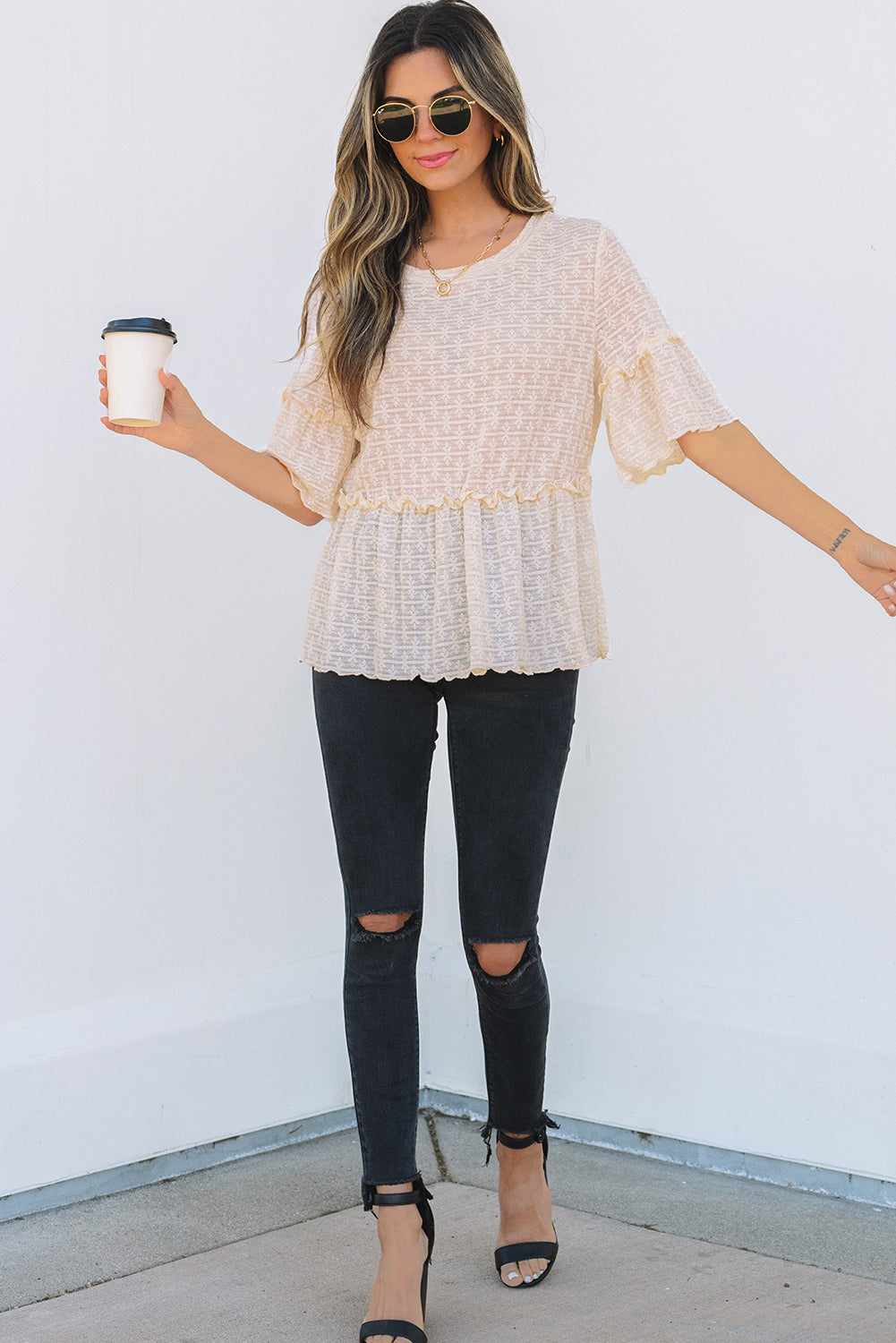 Beige Solid Colour Textured Ruffled Short Sleeve Blouse eAura