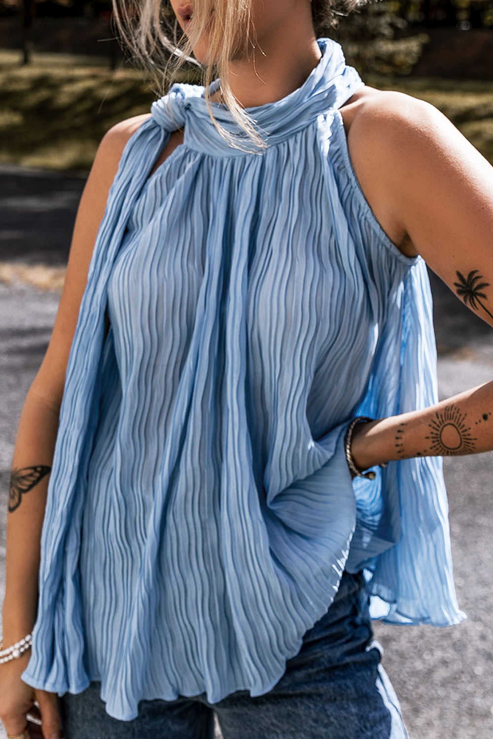 Myosotis Textured Pleated Tied Mock Neck Flowy Sleeveless Top eAura