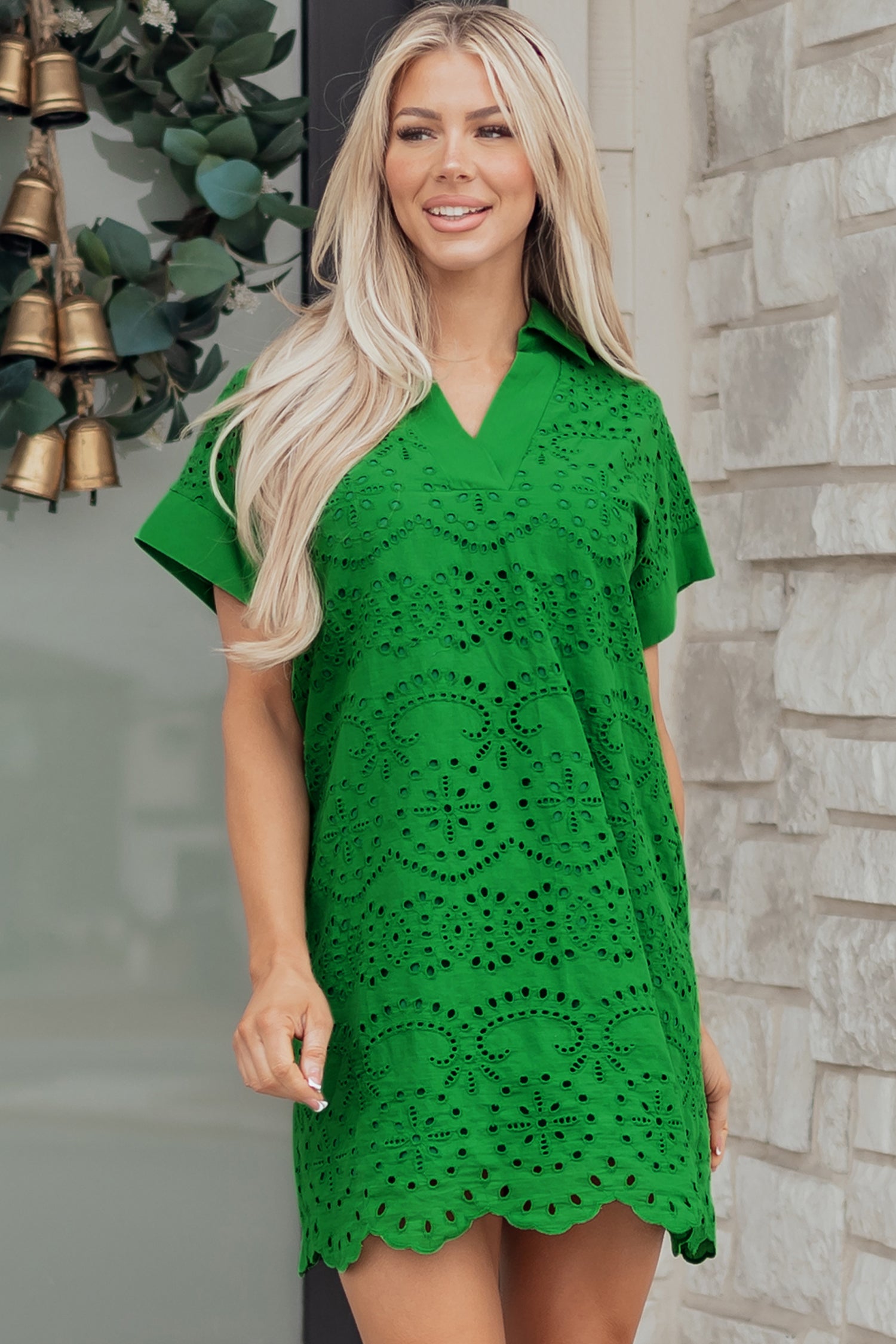 Solid Color Eyelet Embroidered T Shirt Mini Dress – Rose Red