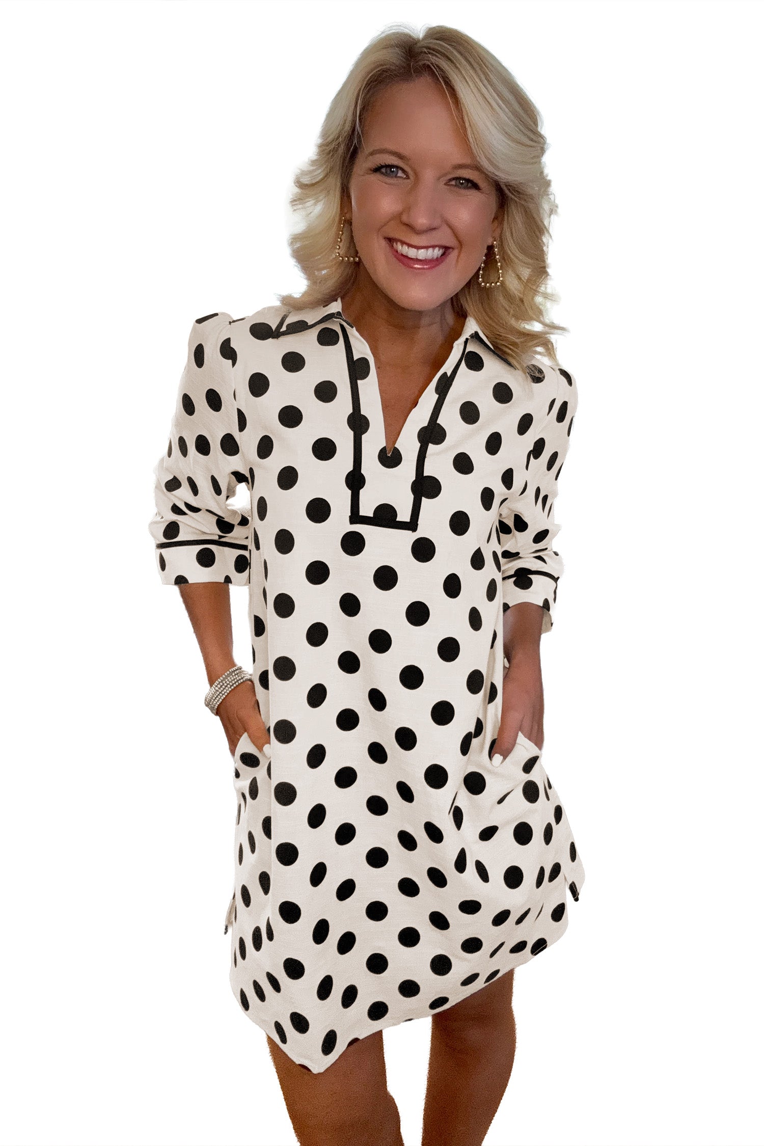 Polka Dot Half Sleeve Collar V Neck Pocketed Casual Mini Dress – White