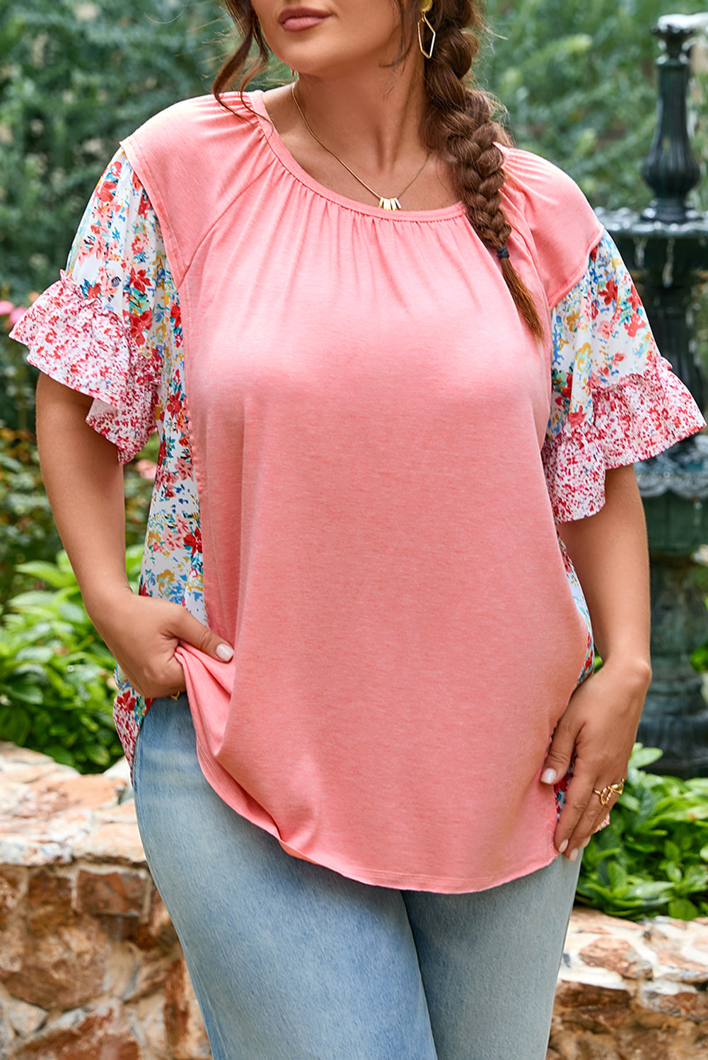 Pink Plus Size Floral Patchwork Ruffled Short Sleeve Blouse BB Fashion Outlet