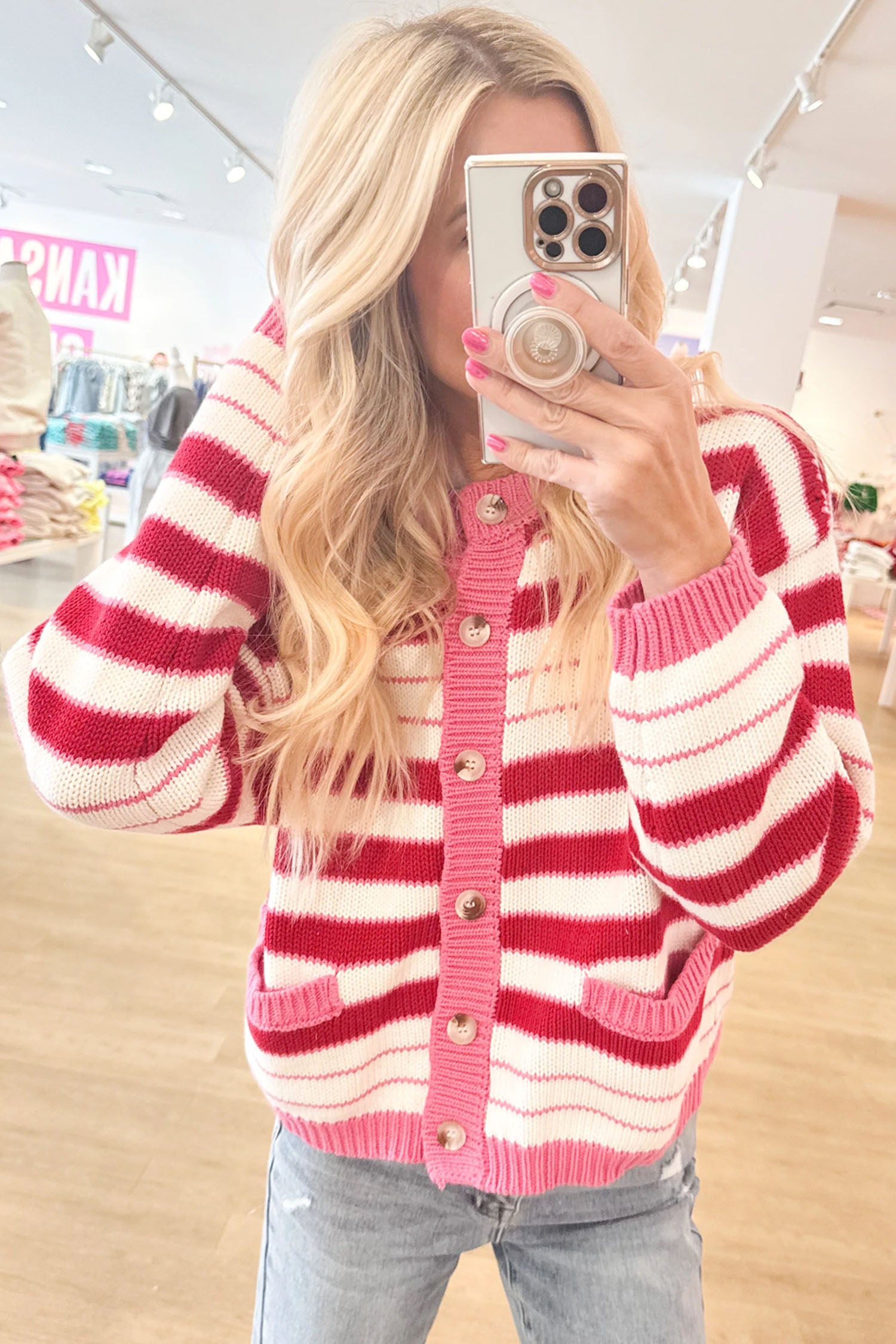 V Neck Long Sleeve Regular Fit Cardigan – Red Stripe