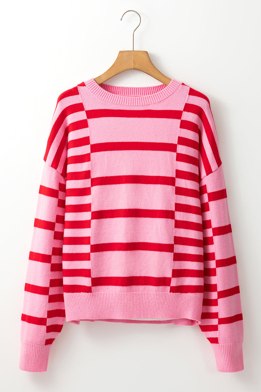 Pink Stripe Bubble Sleeve Drop Shoulder Ribbed Trim Sweater eAura