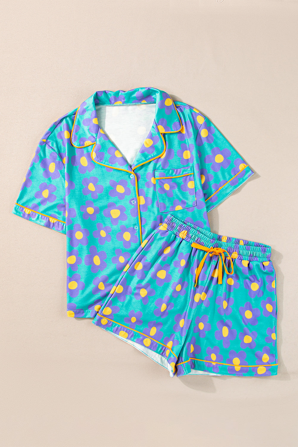 Green Flower Print Short Sleeve Shirt Pyjamas Set eAura