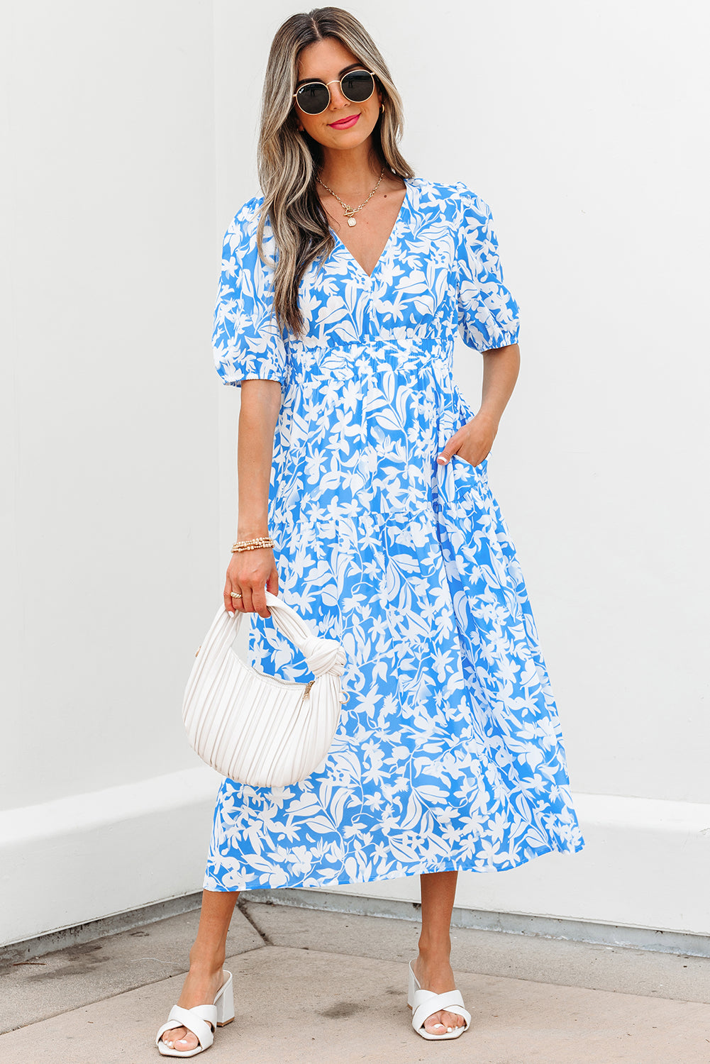 Sky Blue Floral V Neck Puff Short Sleeve Flowy Long Dress eAura