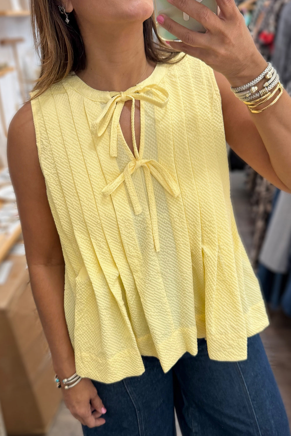 Yellow Cream Bow Tie Notched Neck Pleated Sleeveless Top eAura