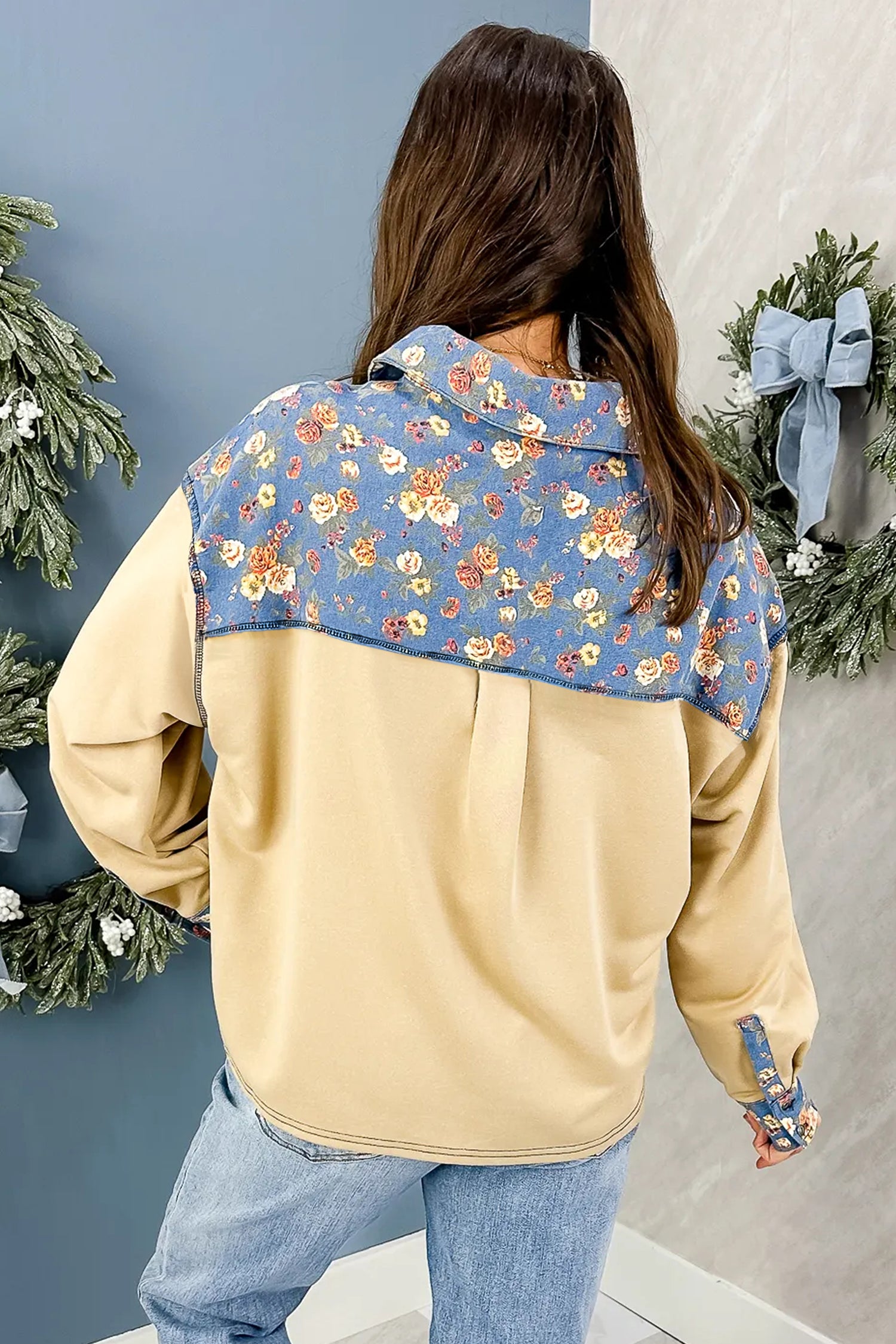 Floral Denim Patchwork Collar V Neck Long Sleeve Pullover Top – Apricot