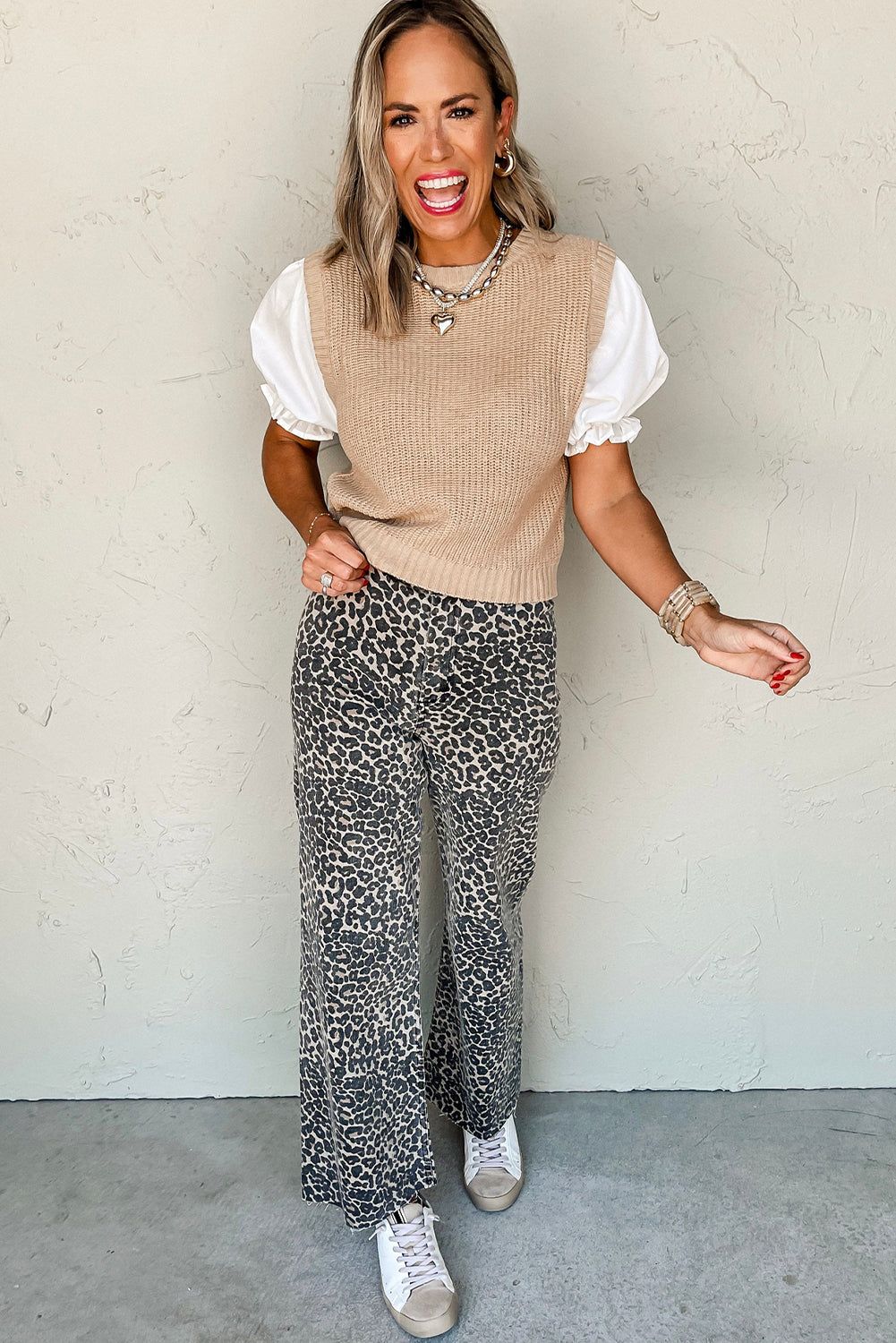 Beige Round Neck Knit Contrast Short Puff Sleeve Sweater - Sweaters & Cardigans/Sweaters