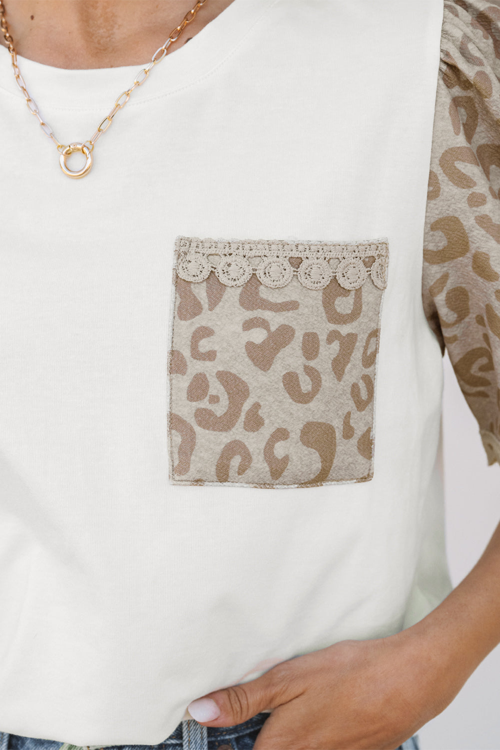 White Leopard Patchwork Crochet Lace Trim Puff Sleeve T Shirt eAura