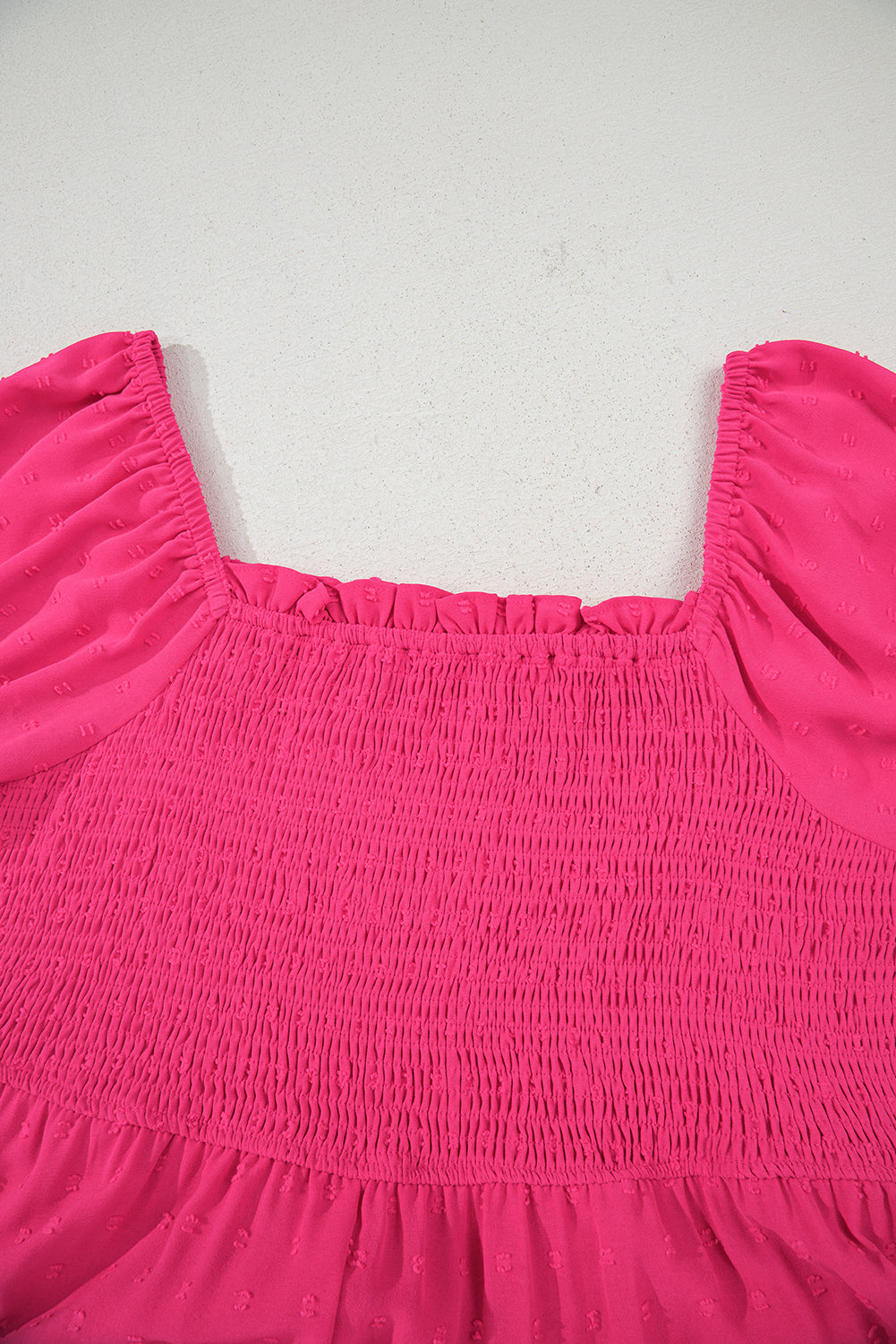Pink Swiss Dot Smocked Ruflled Neckline Short Sleeve Plus Size Dress BB Fashion Outlet